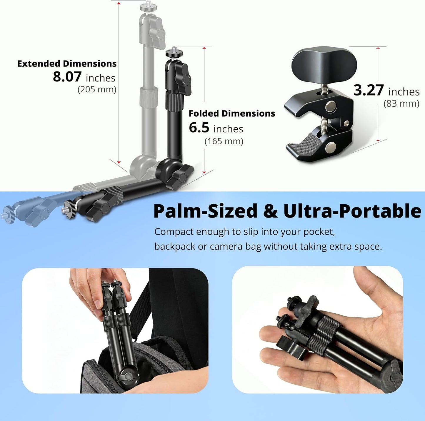 BZE 11.8-15 Inch, Stand1/4" 3/8" Universal Retractable Magic Arm Clamp Webcam & Thread with Phone Mount, Adjustable