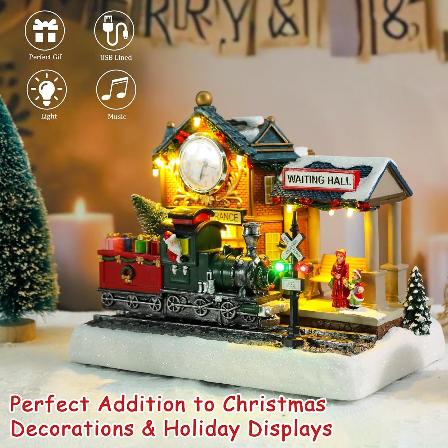 VCUTEKA Animated Christmas Village Train Station - Lighted Musical Santa Display for Holiday Décor