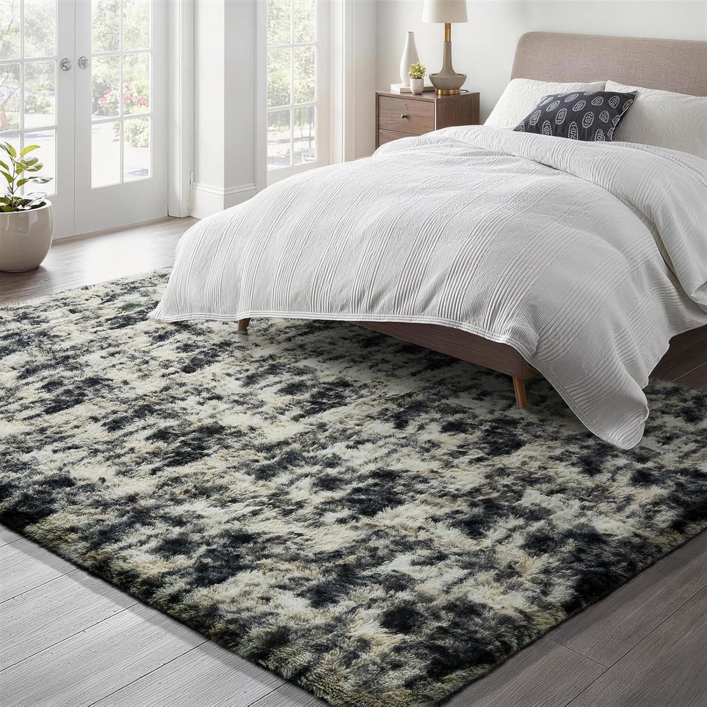 Ophanie Area Rugs - Fluffy Black, Gold & Grey Shag Carpet for Living Room | 5x7 Soft Plush Decor