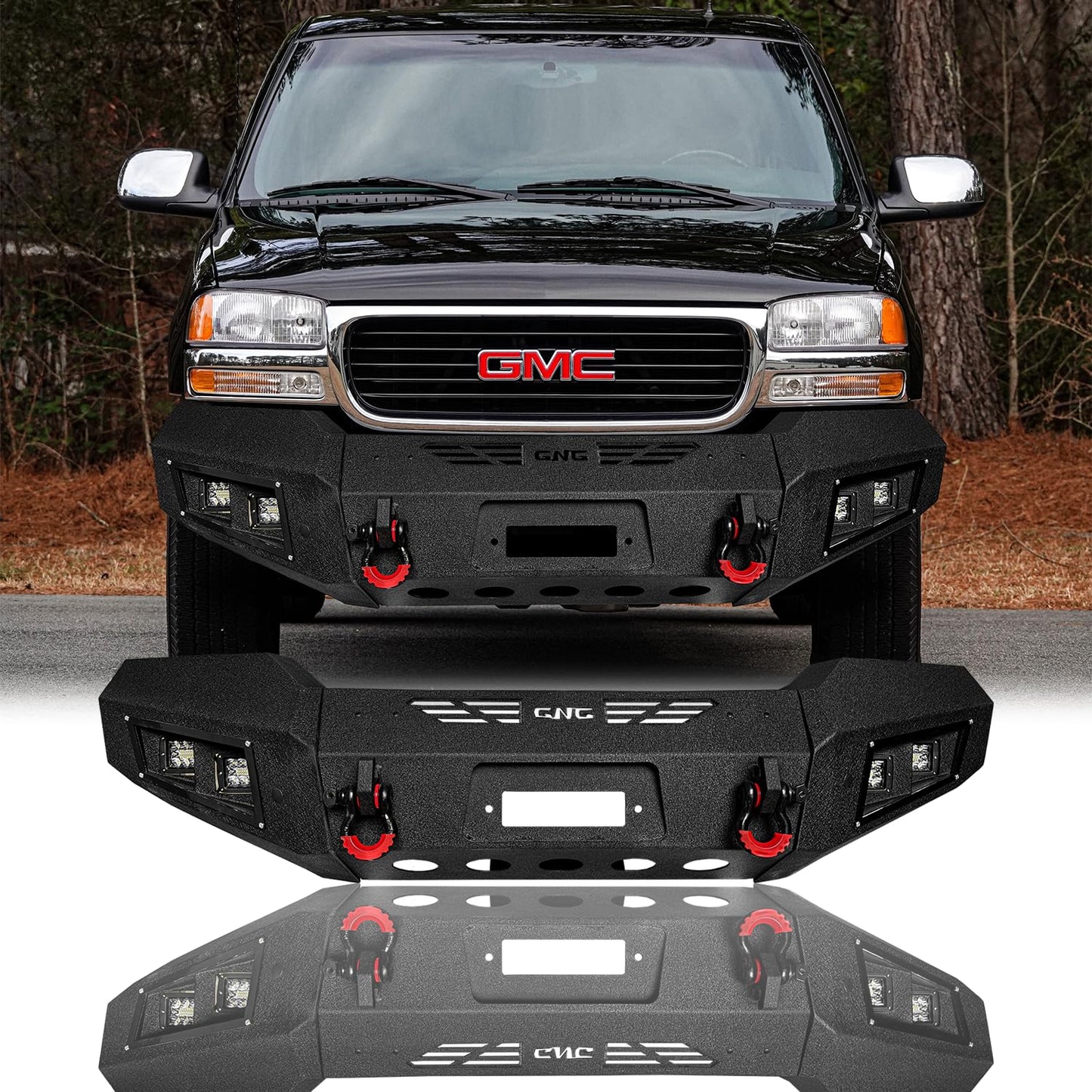 LUYWTE Steel Front Bumper With Winch Plate&Lights For 2003-2006 GMC Sierra 1500(Black Texture)