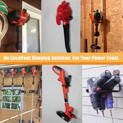 Juformin Weedeater Hanger - String Trimmer Rack for Garage Wall | 4 Durable Utility Hooks in Black