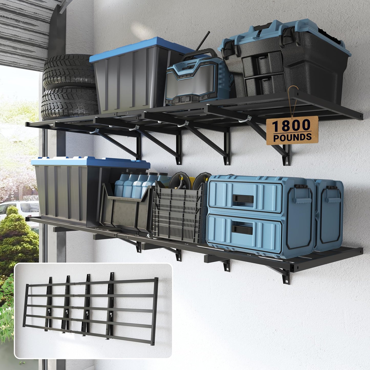 FLEXIMOUNTS Fold-Down 2x6ft Garage Wall Shelving, 2-Pack Heavy Duty Folding Garage Shelving Wall Mounted, 1800 lbs Capacity, Storage for Power Tools, Garden Supplies & Seasonal Storage, Lite Series