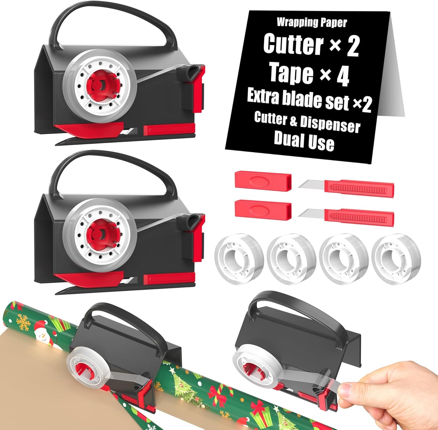 Wraprocut Wrapping Paper Cutter & Tape Dispenser - 2-Pack with 4 Tapes for Easy Holiday Gift Wrapping