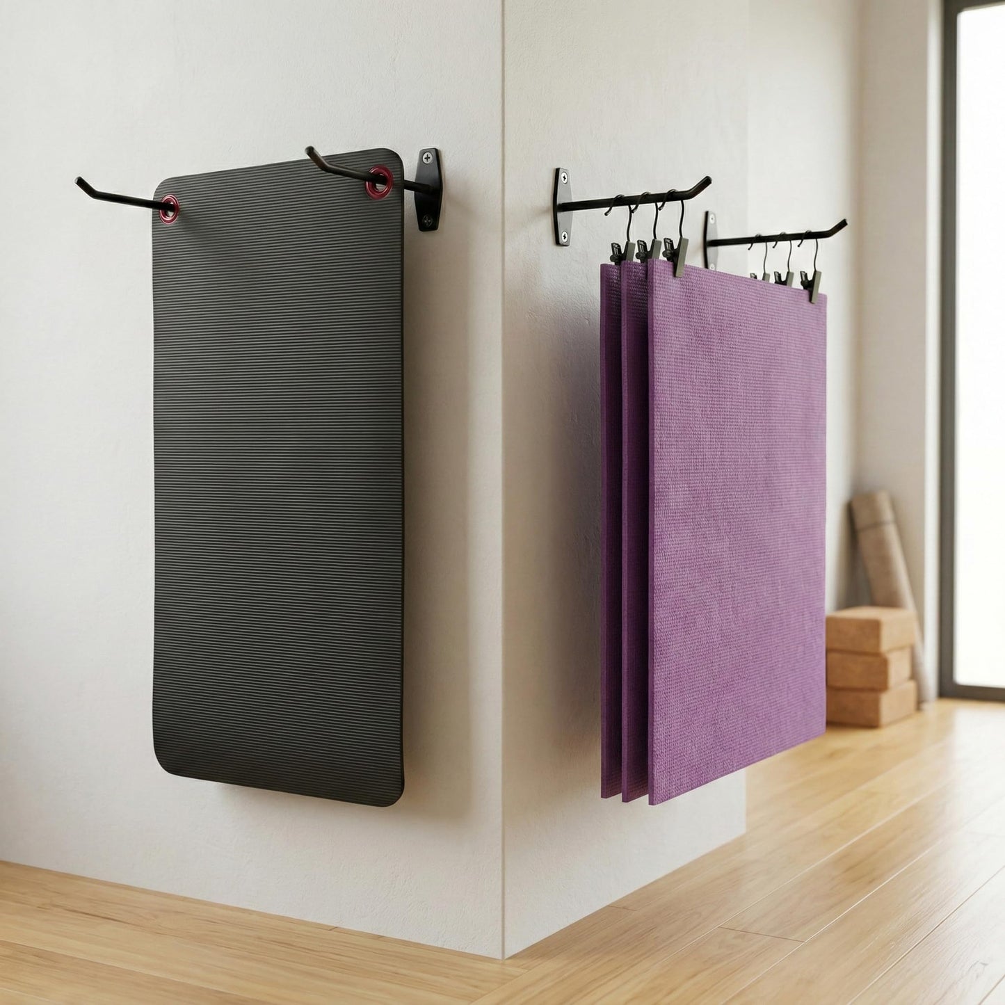 Yoga Mat Holder Wall Mount: 4 Pack Heavy Duty Metal Hooks & 12 PCS Clips for Yoga Mat (<5.5 lbs), Eyelet Mats, Foam Rollers & Gym Equipment Storage - Hanging Exercise Mat Rack & Organizer for Fitness Workout