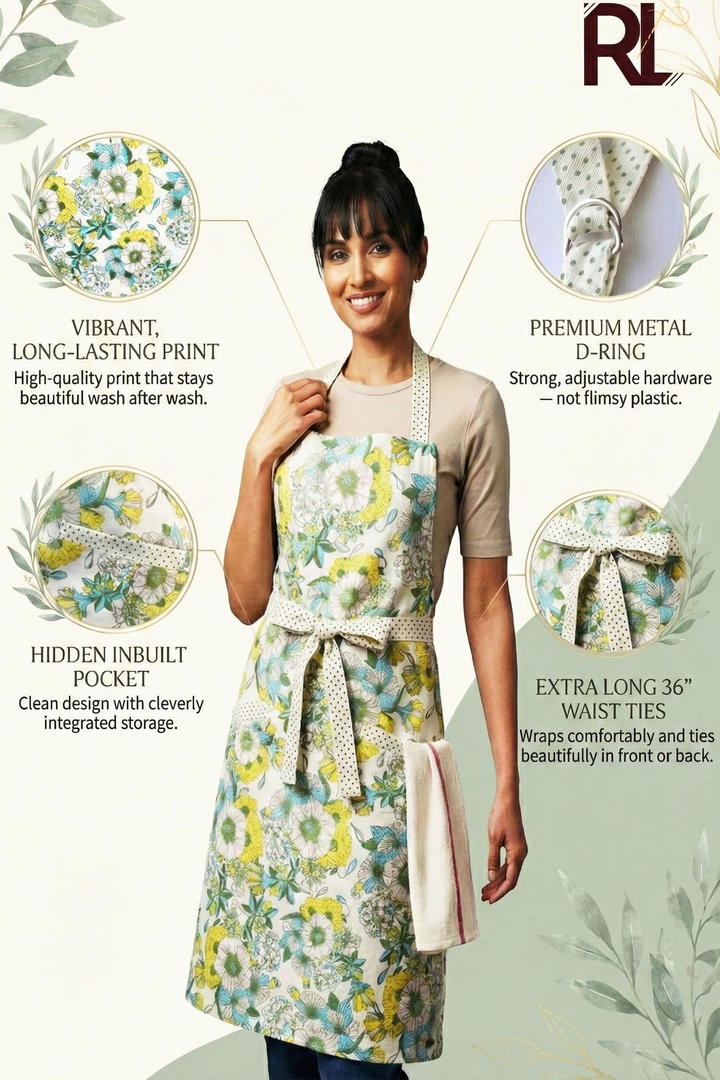 RUSTIQUE LINENS Floral Yellow 100% Cotton Printed Kitchen Apron with 2 Pockets for Women – Adjustable Chef Apron with Bright Flower Design for Cooking, Baking, or BBQ – Soft and Machine Washable