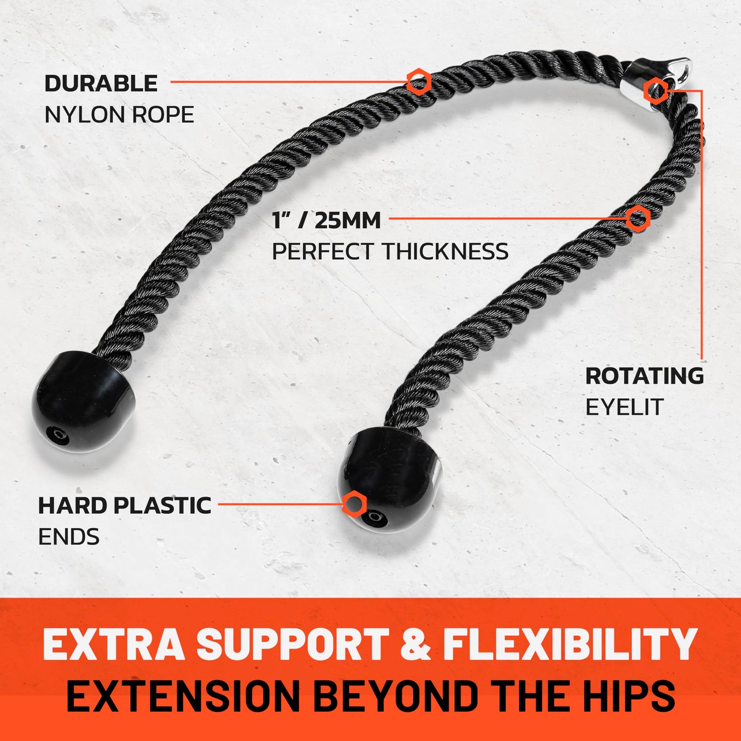 Bells of Steel Extra Long Tricep Rope Cable Attachment | Tricep Rope Attachment for Bicep and Tricep Training | Carabiner Compatible Triceps Rope, 54in Thick Rope Length