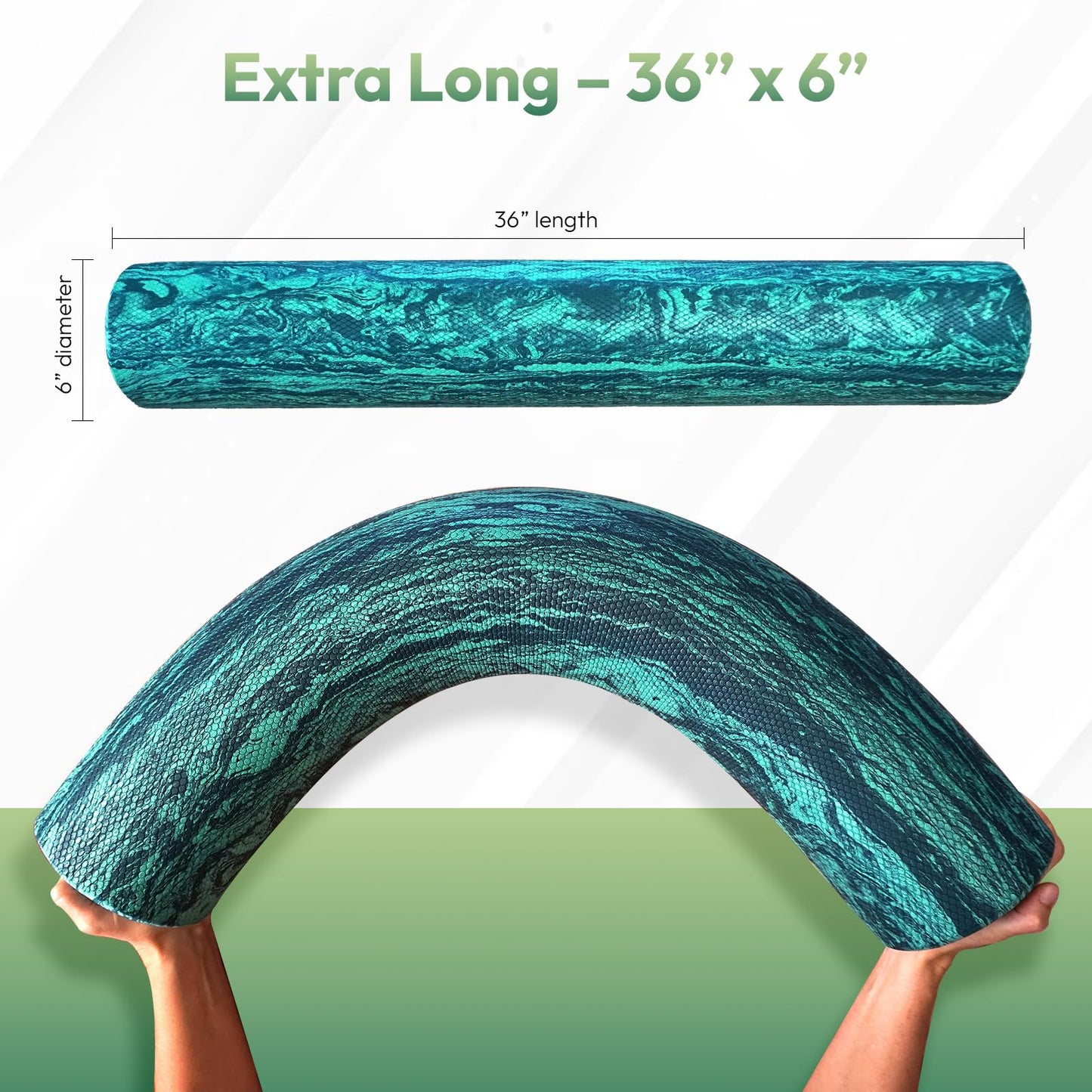 Soft Density Foam Roller 36" x 6" – Low Density Physical Therapy Roller for Exercise, Pilates, Yoga, Gentle Massage & Muscle Recovery – Green Marbled Round