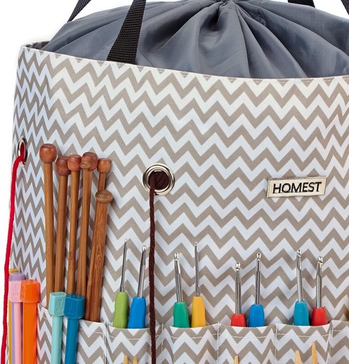 HOMEST Large Crochet Bag - Custom Front Compartment for Yarn Storage | 6 Oversized Grommets, Drawstring Closure