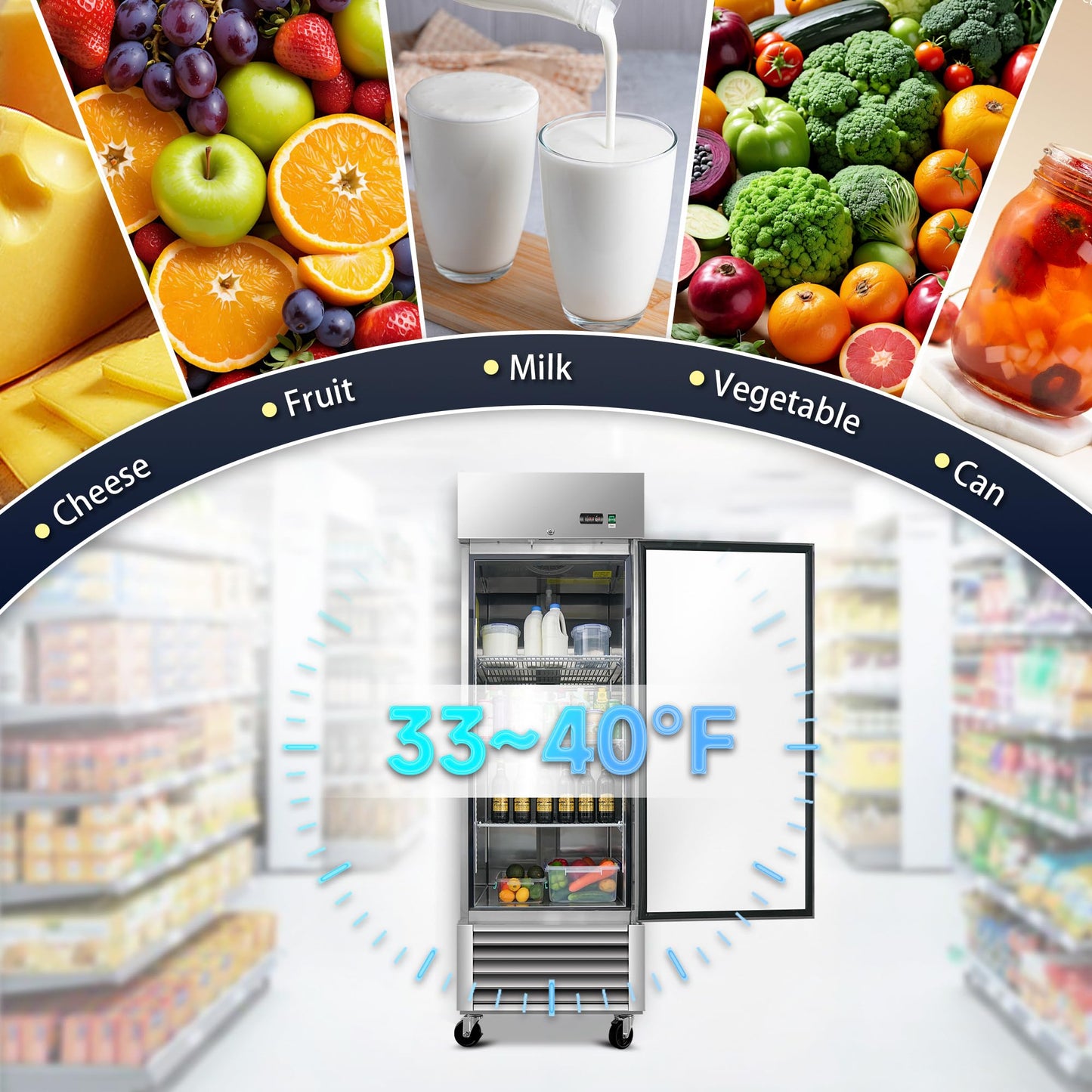 27"W Commercial Freezer,23 Cu.ft Refrigerator with 1 Solid Door Reach-In Freezers Stainless Steel,ETL Approved Upright Freeze Storage w/4 Casters,3 Adjustable Shelves,LED Light,for Restaurant,Silver