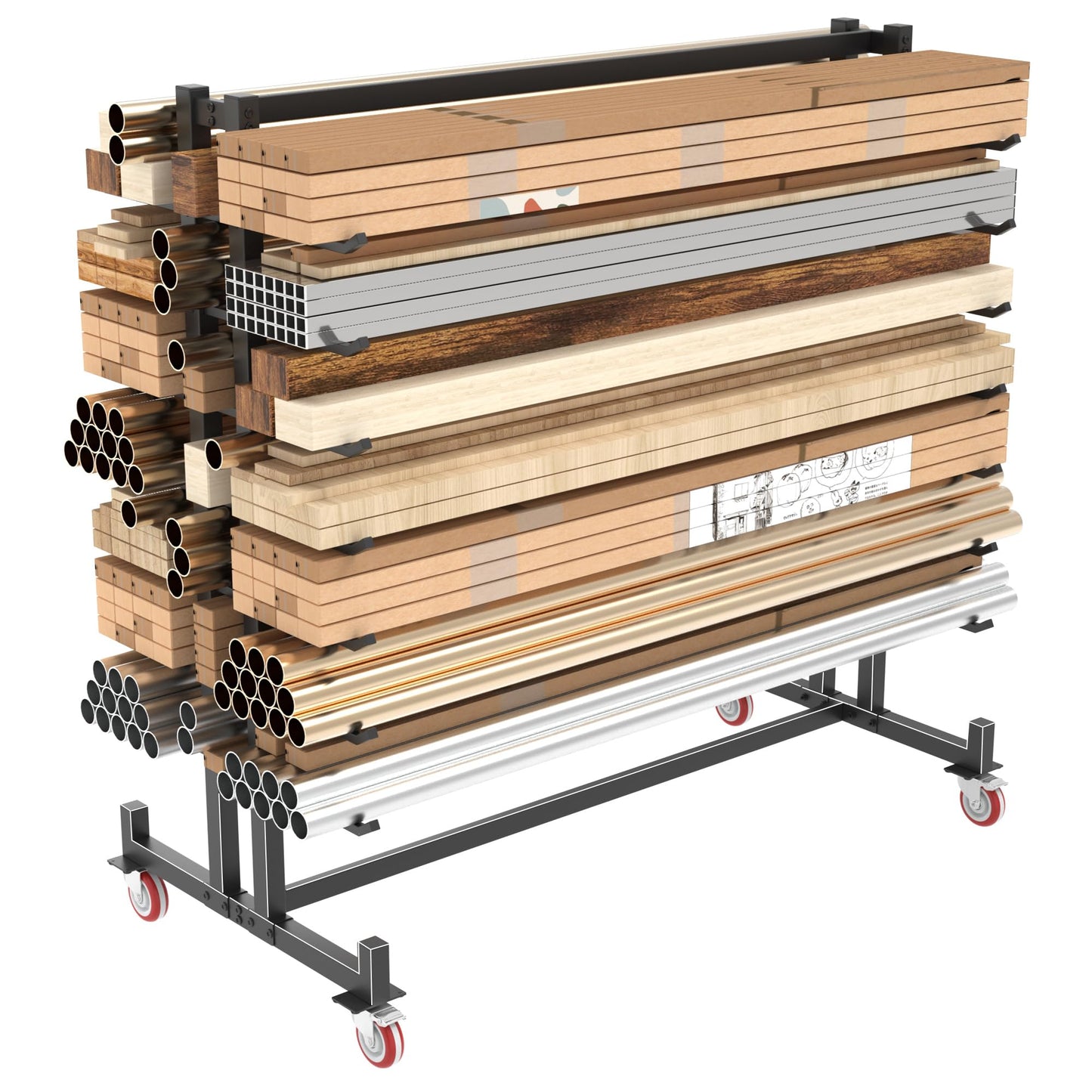 Lumber Storage Rack, 2000lbs Heavy Duty Freestanding Pipe Rack with 7 Tiers, Double-Sided Wood Storage Shelves with 4 Silent Casters, for Garage Workshop Basement, 59.84"L x 35.43"W x 65.74"H, Black