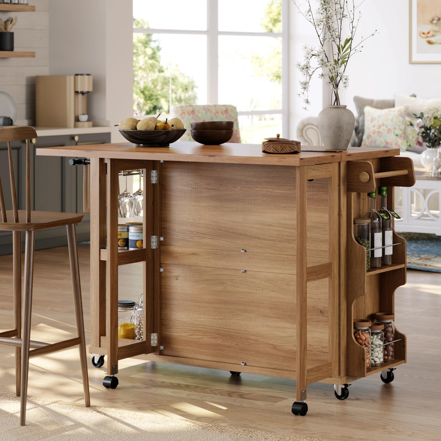 Kitchen Island with Storage & Charging Station, Rolling Kitchen Island Table on Wheels with Drop Leaf & 2 Drawers, Mobile Island Cart with Pull-Out Shelf, Spice Rack, for Dining Room (Natural)