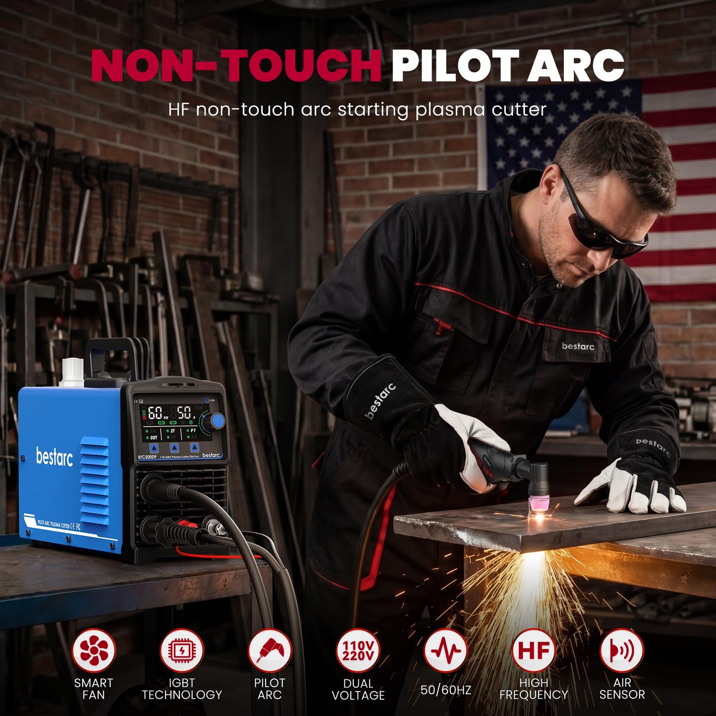 bestarc Pilot Arc Plasma Cutter, [Large LED Display][Air Sensor] 50A Plasma Cutter Machine 110/220V Dual Voltage, 1/2'' Clean Cut 3/4 Inch Max Cut, Post Flow Mesh, 2T/4T for Beginners DIY