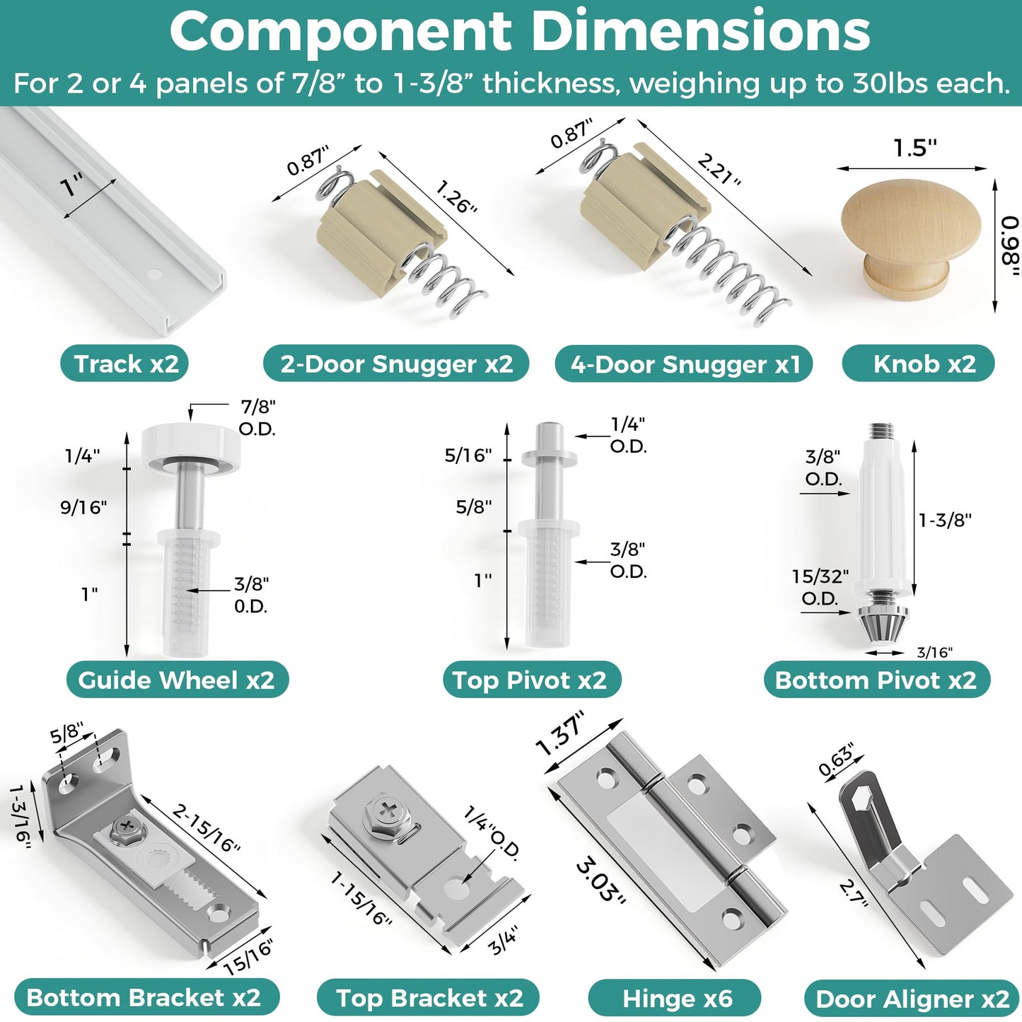 Ocyfym Closet Bifold Door Hardware & 30 Inch Track 2-Pack Kit, Combine for 60 in Door, Bi Folding Doors Puertas Repair Replacement Kit, with Rail Floor & Top Bracket Pivot Pin Guide Roller Hinge Knob