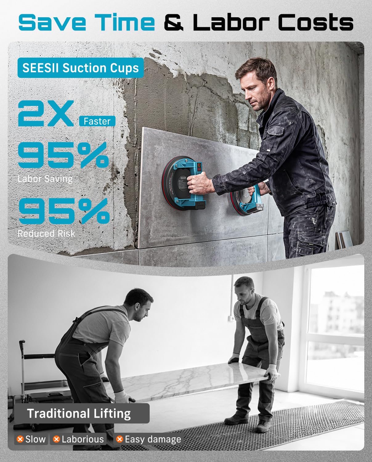 SEESII Electric Suction Cups (600LBS Auto-Start) + 2-in-1 Electric Suction & Vibration Tool Bundle – Dual Electric Suction System for Professional Tile Installation