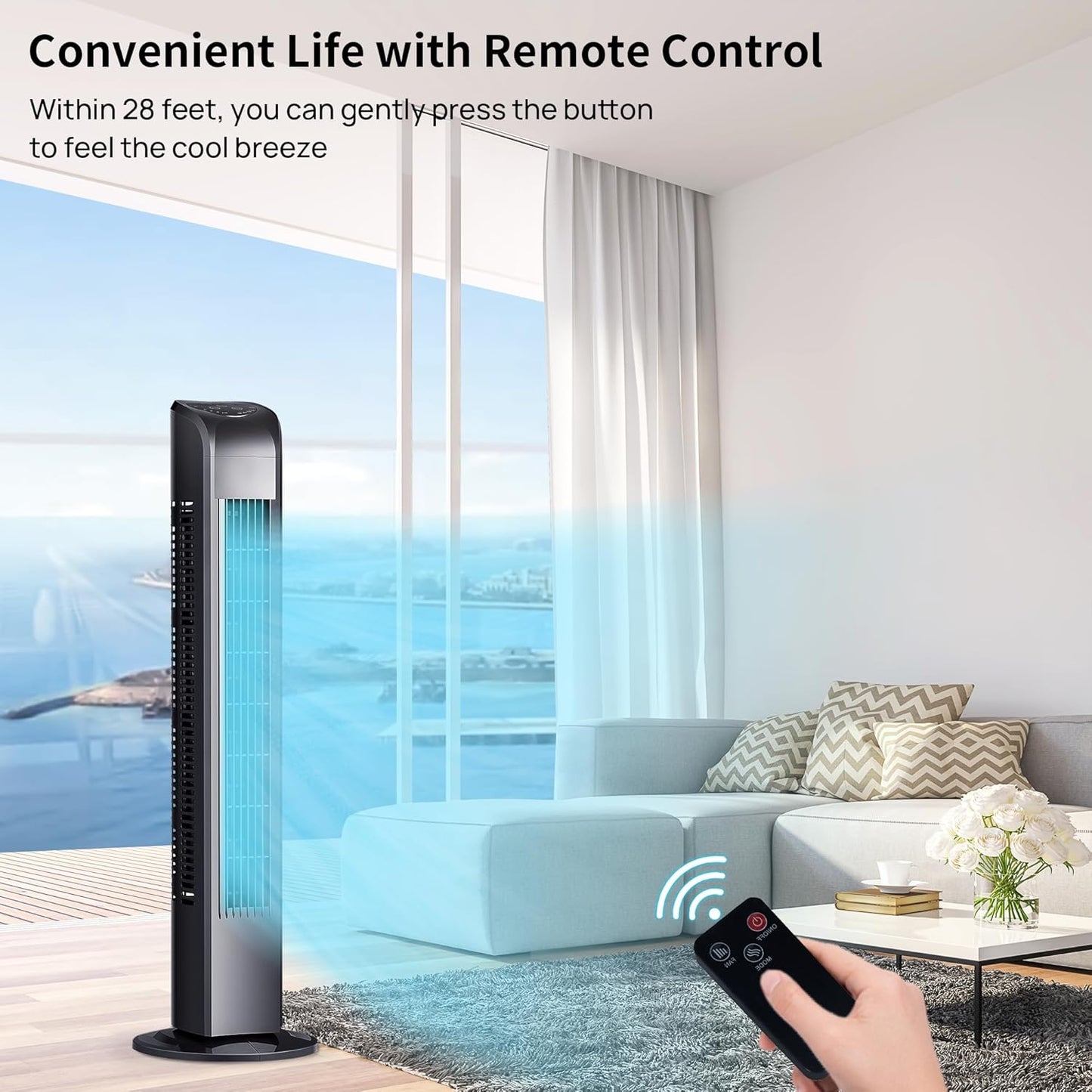 Uthfy Bladeless Tower Fan - 120° Oscillating, Remote Control, 3 Modes, 30 Inch, Black