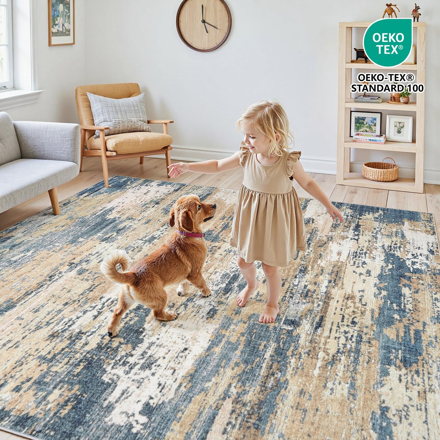 Area Rugs 5x7 Living Room: Large Soft Washable Rug Modern Abstract Anti-Skid Non-Shedding Carpet Indoor Floor Thin Carpets for Bedroom Dining Room Farmhouse Nursery Home Office Brown Blue