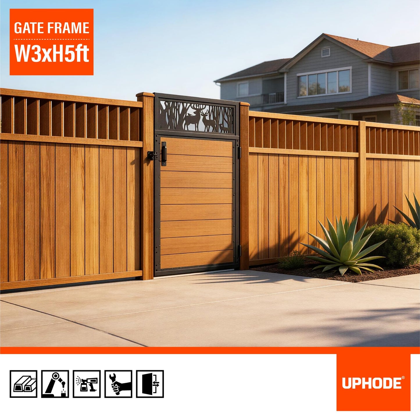 Uphode 3x5FT(34.8" x 59") 201 Stainless Steel Fence Gate Kit Heavy Duty, Anti Sag Metal Fence Gate Frame Kit with Aluminum Board, Morden Garden Gate Hardware Kit Outdoor (Left/Right Free-Installation)