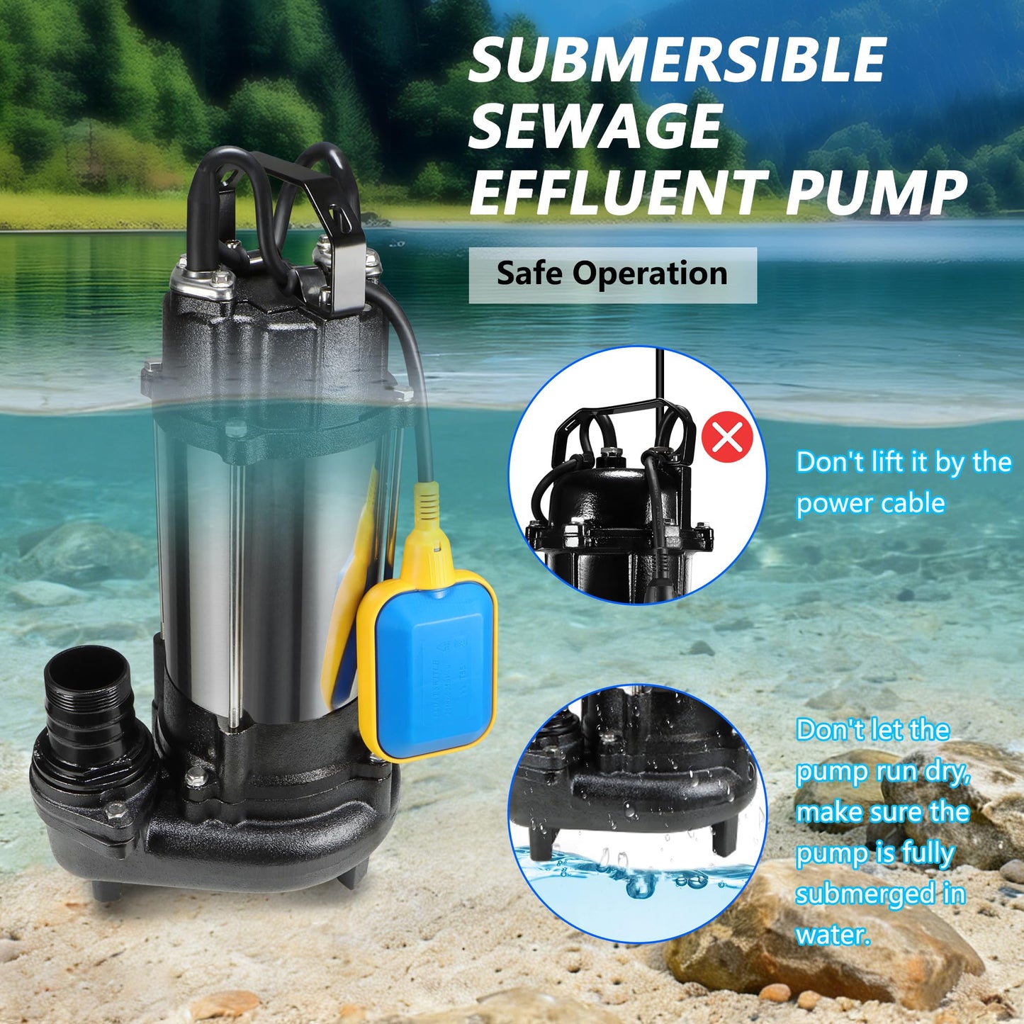Sewage Grinder Pump, 1HP Sump Pump Submersible 110V 6400GPH 40Ft Max Head, Stainless Steel Cast Iron Effluent Pump with Auto Float Switch 2'' NPT for Basement Basin Sewage Well Pond Swimming Pool