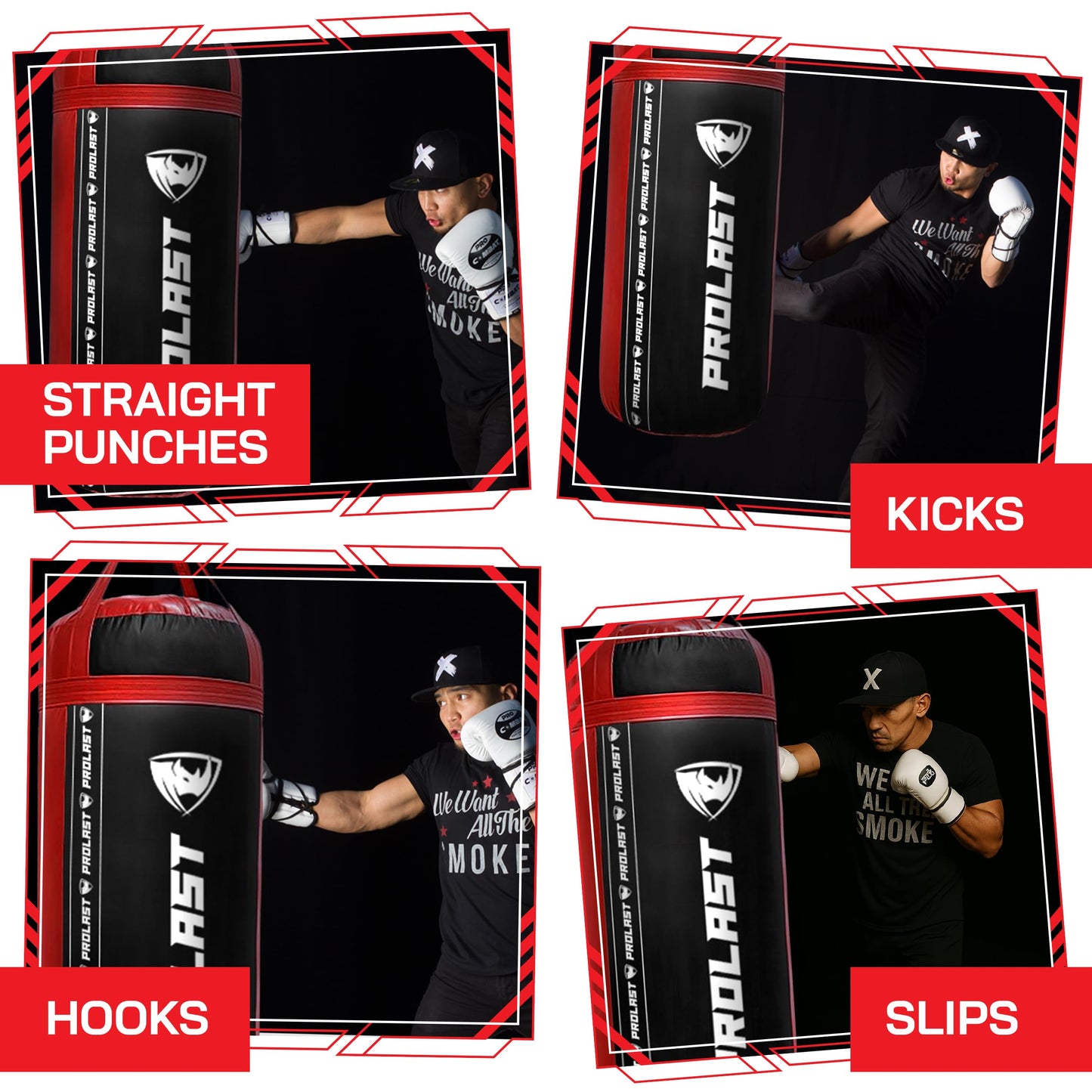 PROLAST 4Ft 135Lb XL Heavy Punching Boxing Bag for Adults, MMA, Martial Arts, Muay Thai, Kicking, Strength Training Equipment, Filled, New Edition Logo, Black and Red