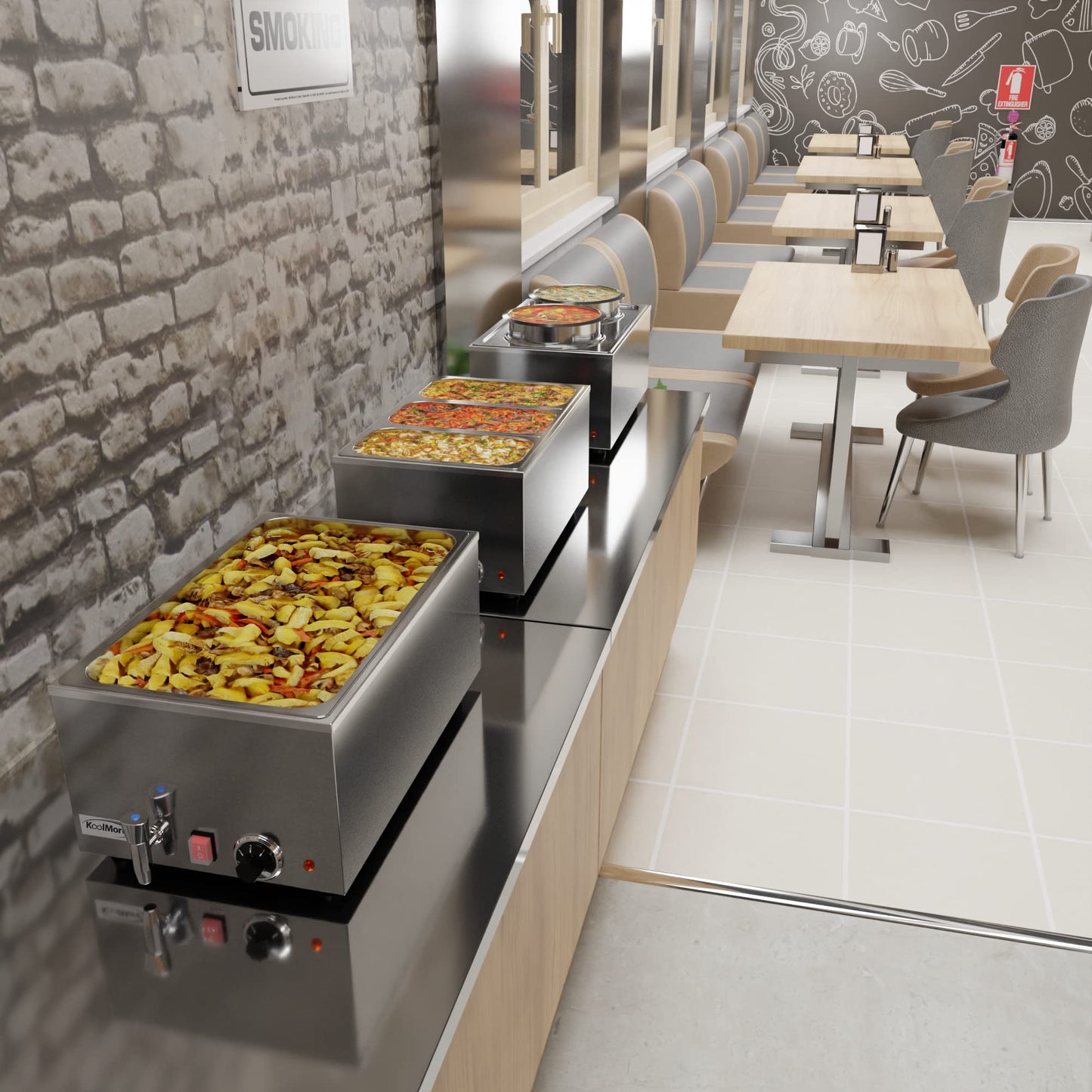 KoolMore Commercial Bain Marie Countertop Food Warmer, Soup Station, and Buffet Table Server with One Serving Section and Tap, Stainless-Steel Steamer with Auto Shut Off (CFW-1T), Silver