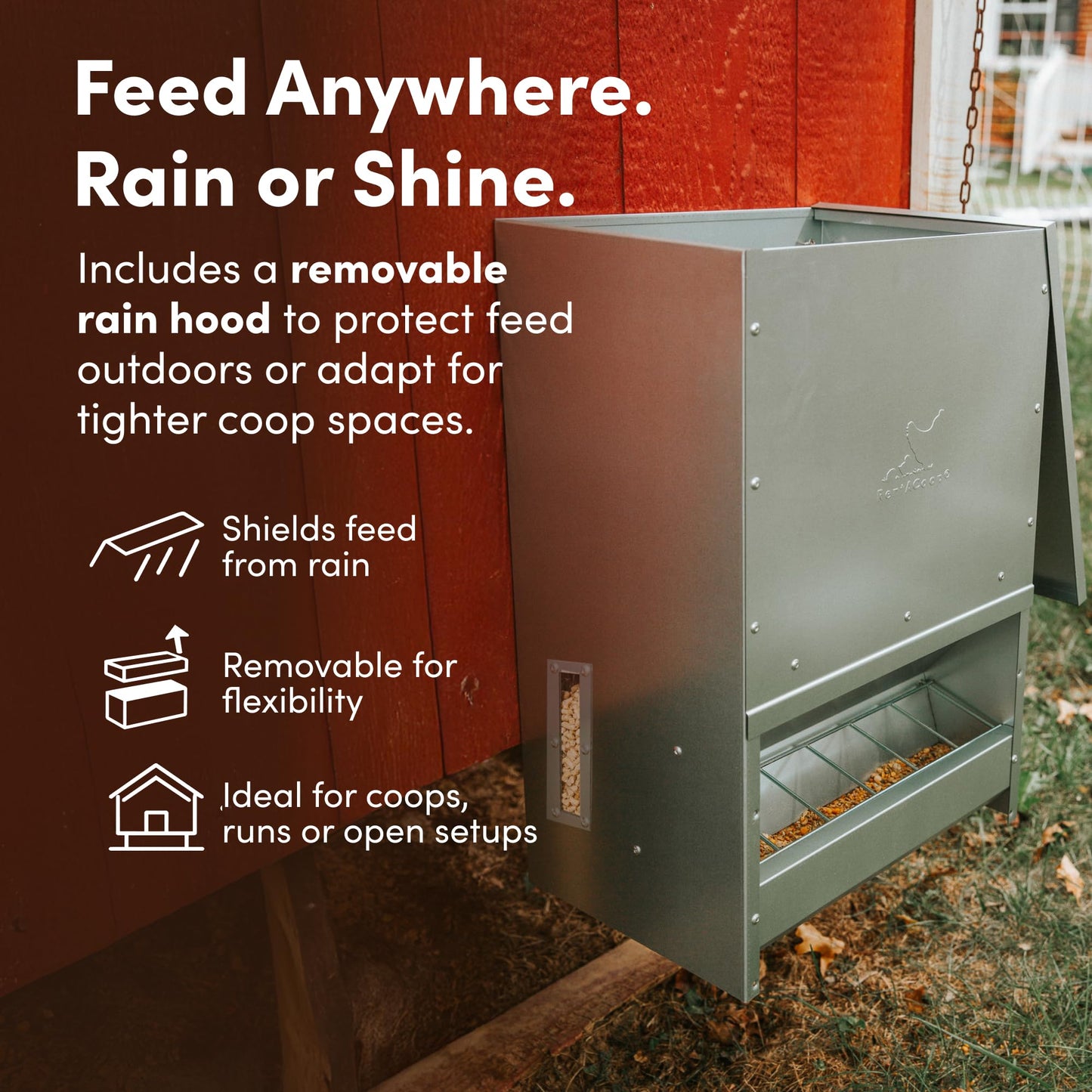 RentACoop Metal Trough Feeder with Lid & Rain Cover – Galvanized Steel, Gravity-Fed – Side View Window – Moveable Grate for Easy Cleaning – Suitable for Chickens, Ducks, Poultry & More – 50lb Capacity