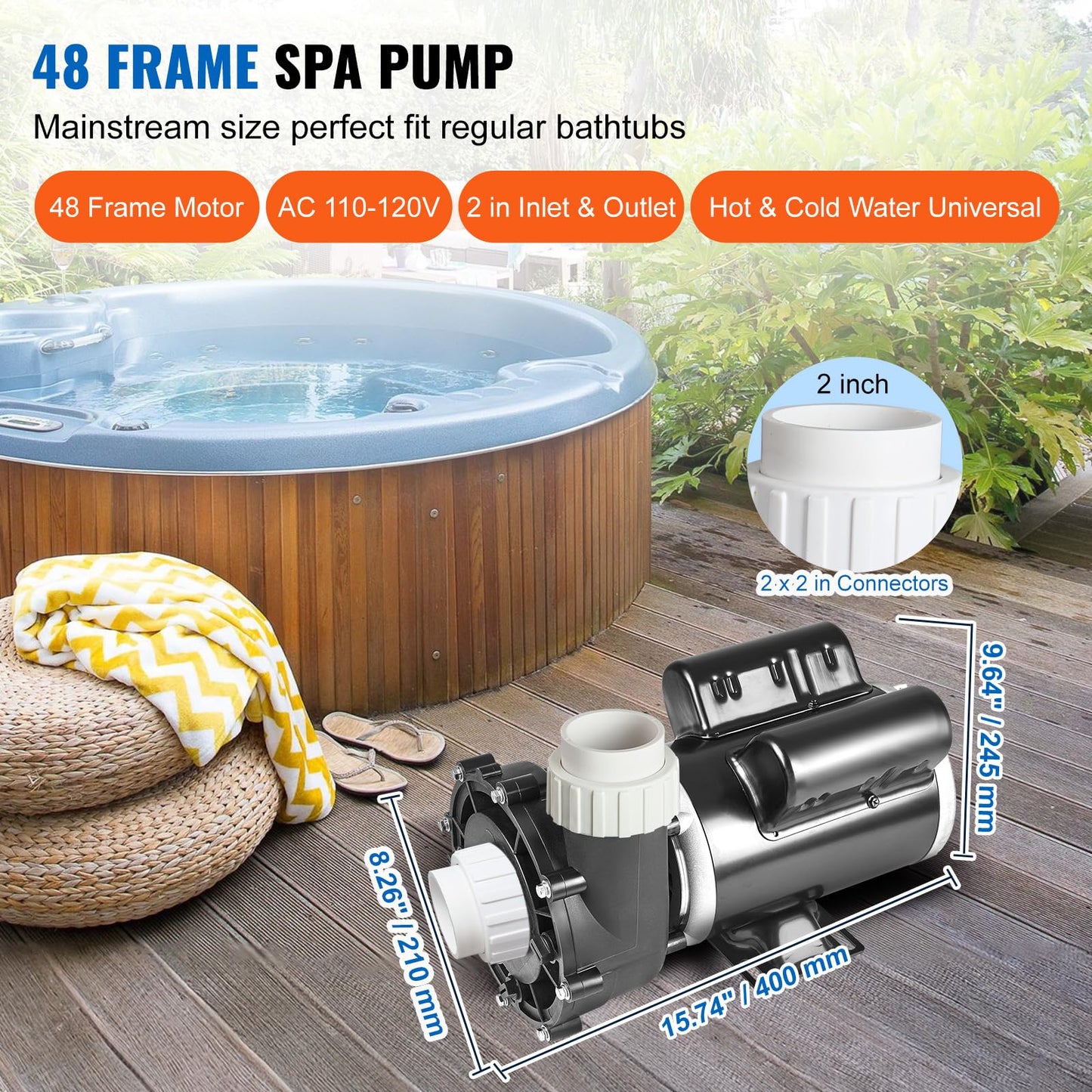 VEVOR 2 Speed SPA Pump, 48-Frame, AC 110-120V Hot Tub SPA Pump, 1.5 HP / 150 GPM / 42.65 ft High Speed or 0.46 HP / 70 GPM / 9.18 ft Low Speed, 2'' Port 90° Rotational Interface for Hot Tub