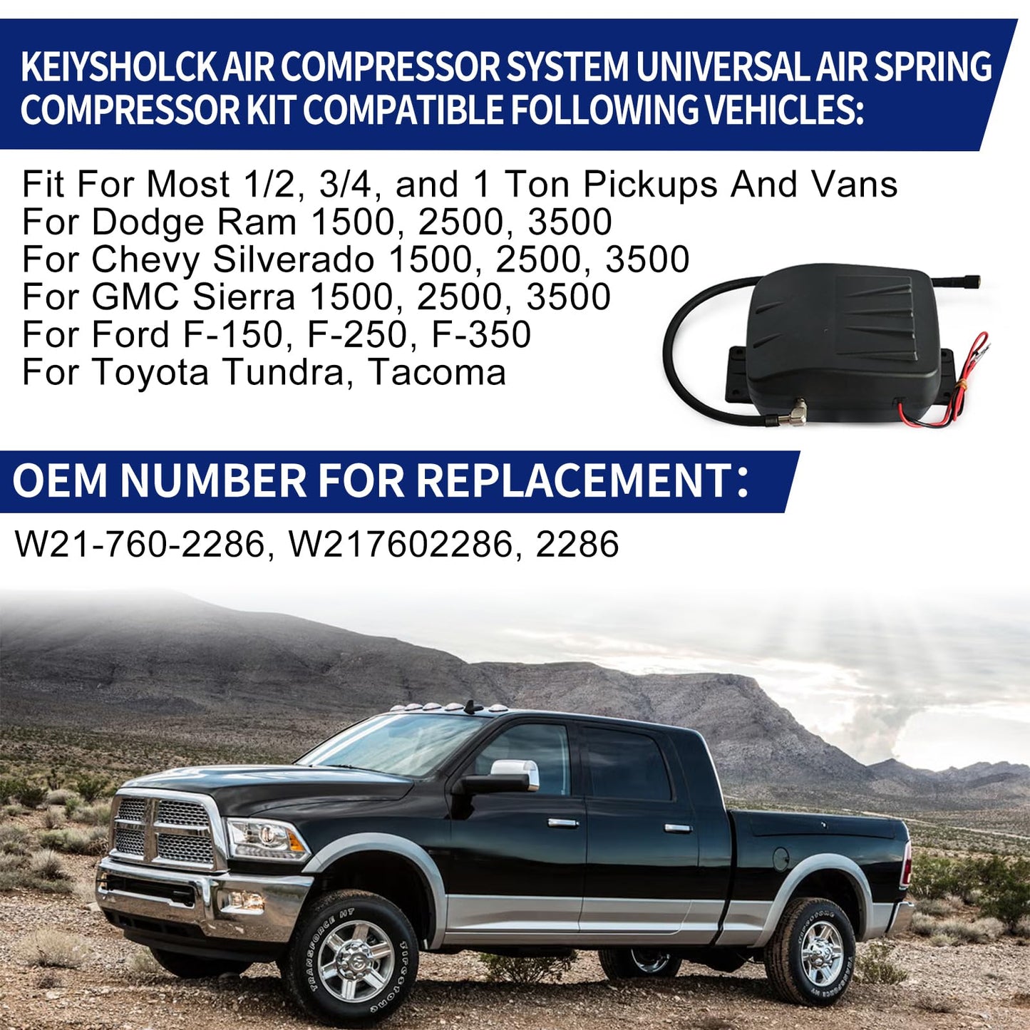 KEIYSHOLCK 25804 On Board Air Compressor System Air Shock Controller Air Compressor and Air Pressure Gauge Air Line T Fittings for Ram/Chevy/Ford/Silverado/GMC Trucks Vans