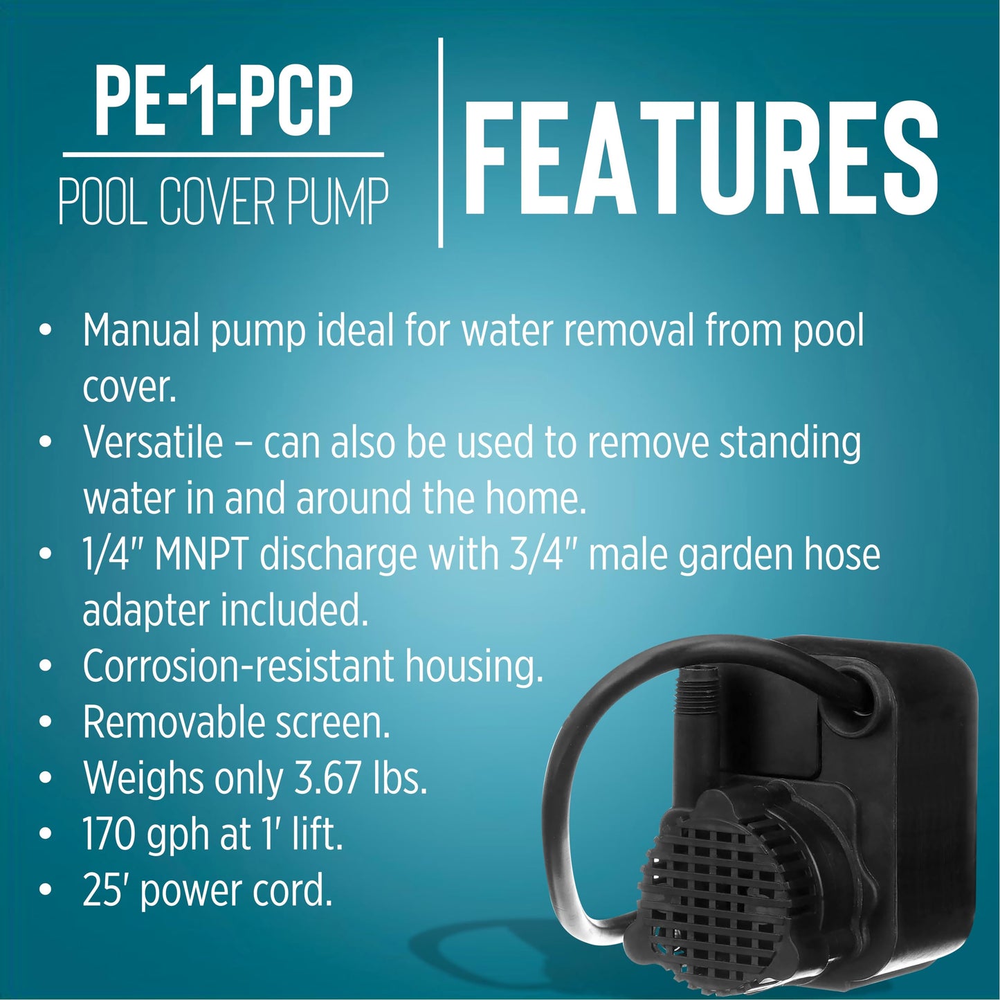 Little Giant PE-1-PCP 115 Volt, 1/125 HP, 170 GPH Manual Pool Cover Pump with 25 Foot Power Cord, Black, 518025