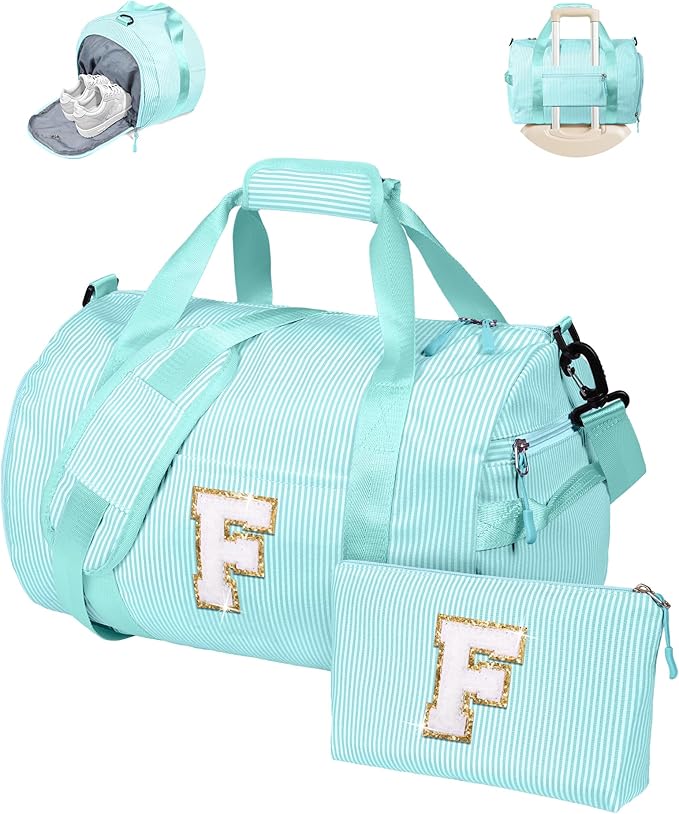 Easter Basket Essentials, Girl Gym Bag, Kids Initial Overnight Duffel Bags with Shoe Compartment, Personalized Travel Bag with Makeup Pouch, Preppy Stuff Gifts for Niece (Letter F)