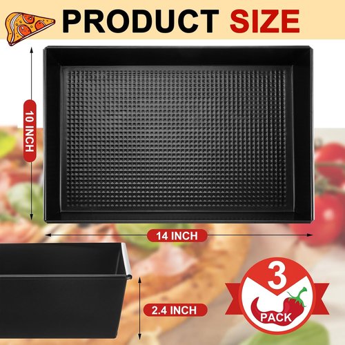 Detroit Style Pizza Pan Set - 3 Pcs Non-Stick Deep Rectangle Bakeware | 10 x 14 x 2.36 Inch
