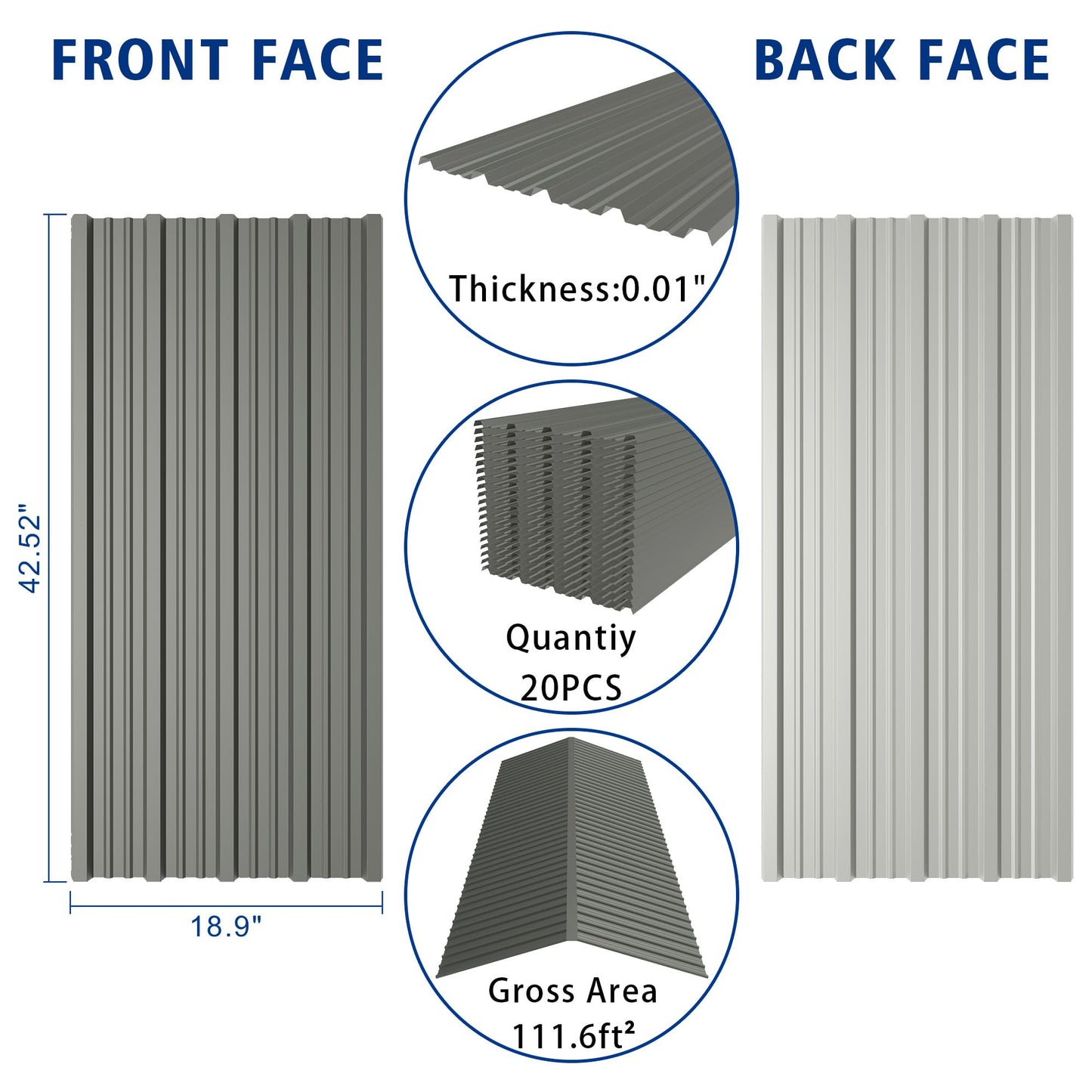 20PCS 111.6ft² Metal Roofing Panels 42.52"x18.9" Corrugated Metal Sheets Galvanized Exterior Siding Roofing Materials for Outdoor House Garages Sheds Pergola Gazebo Chicken Coop Stables, Grey