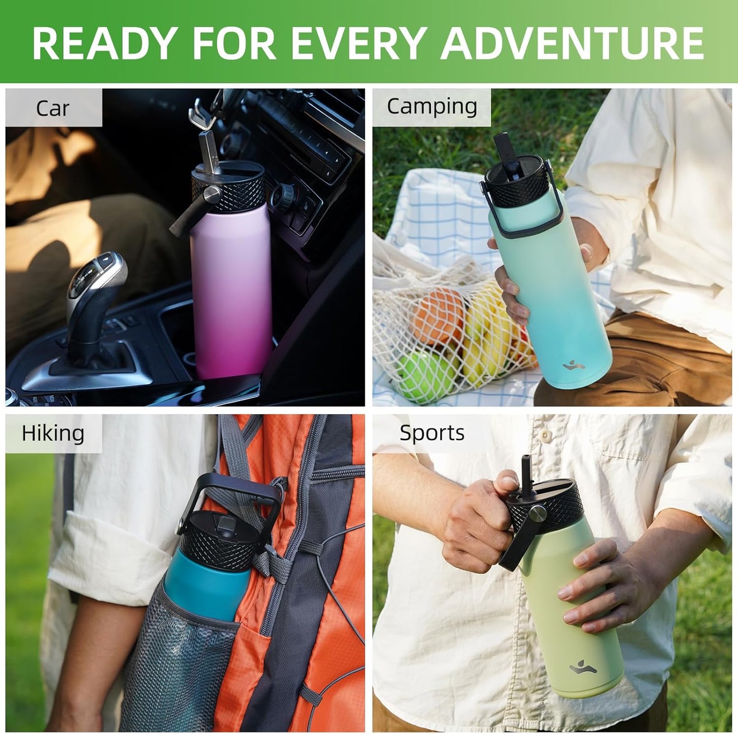 Skiennix 25oz Insulated Stainless Steel Water Bottle - Leakproof BPA-Free with 3 Lids for Gym & Travel | Black