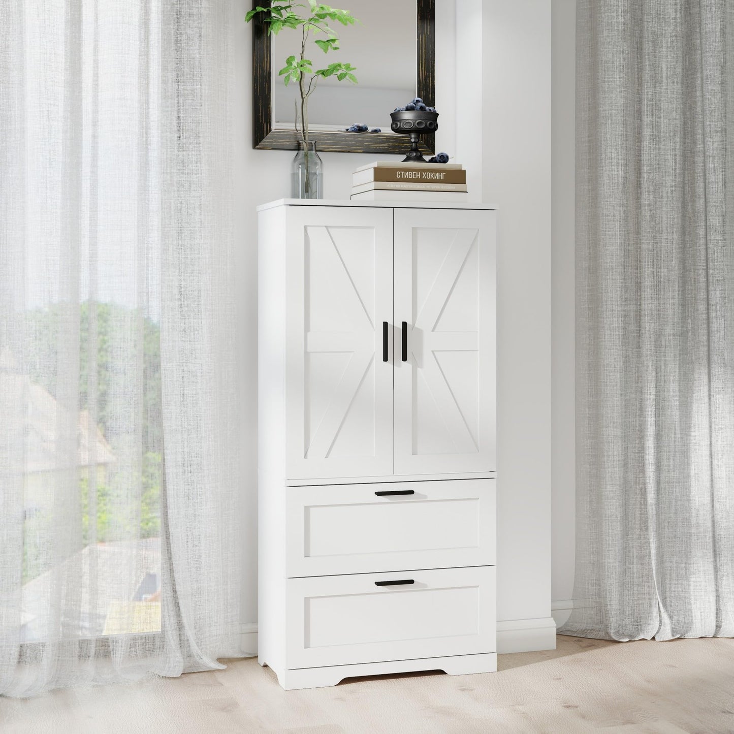 2 Door Tall Kitchen Pantry Storage, Collection Food Free Standing Wooden Storage Cabinet with 2 Drawers and Adjustable Shelves, Modern Farmhouse Versatile Storage for Kitchen, Dining Room (White)
