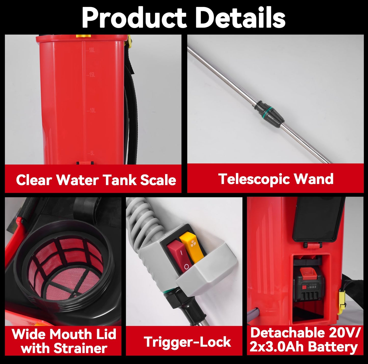 Battery Powered Backpack Sprayer 5.3 Gallon, 100PSI Adjustable Pressure Electric Sprayer with 2X3.0A Batteries, Weed Yard Lawn Sprayer with Telescopic Wand, 5 Nozzles