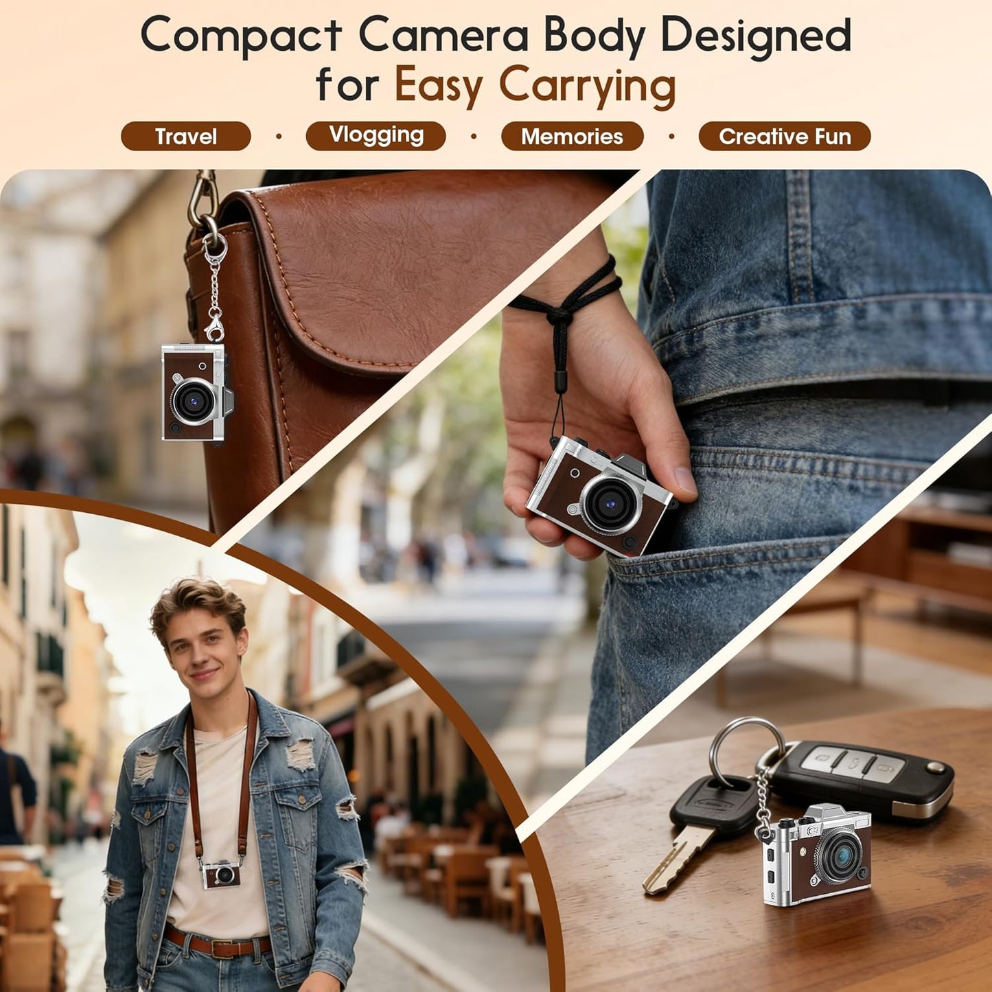 Dienspeak 16GB 2K Tiny Digital Camera, Vintage Mini Keychain Camera for Teens & Beginners, Premium Leather Portable