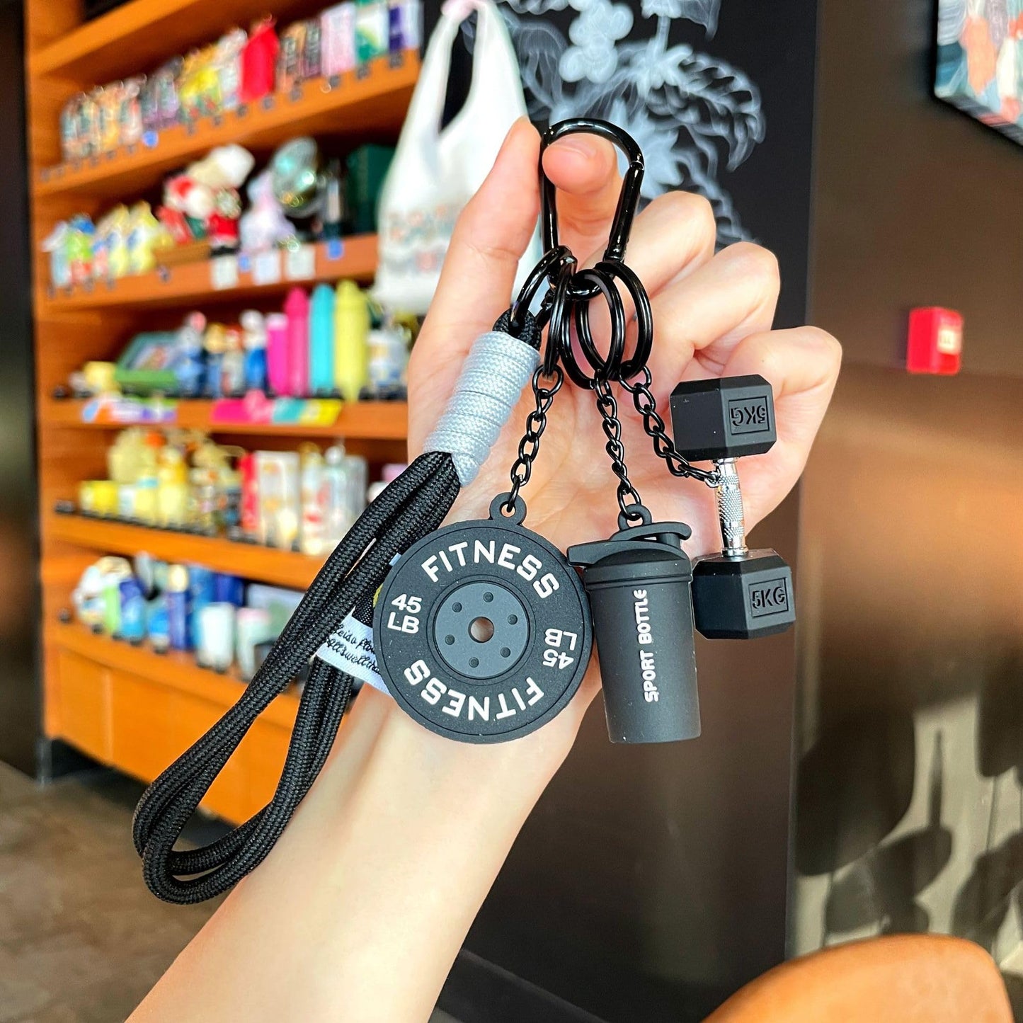 HeriNova Black Dumbbell and Weights Keychain for Gym Lovers, Fitness Themed Bag Purse Charms & Car Key Accessory for Men and Women, Workout Gift Idea