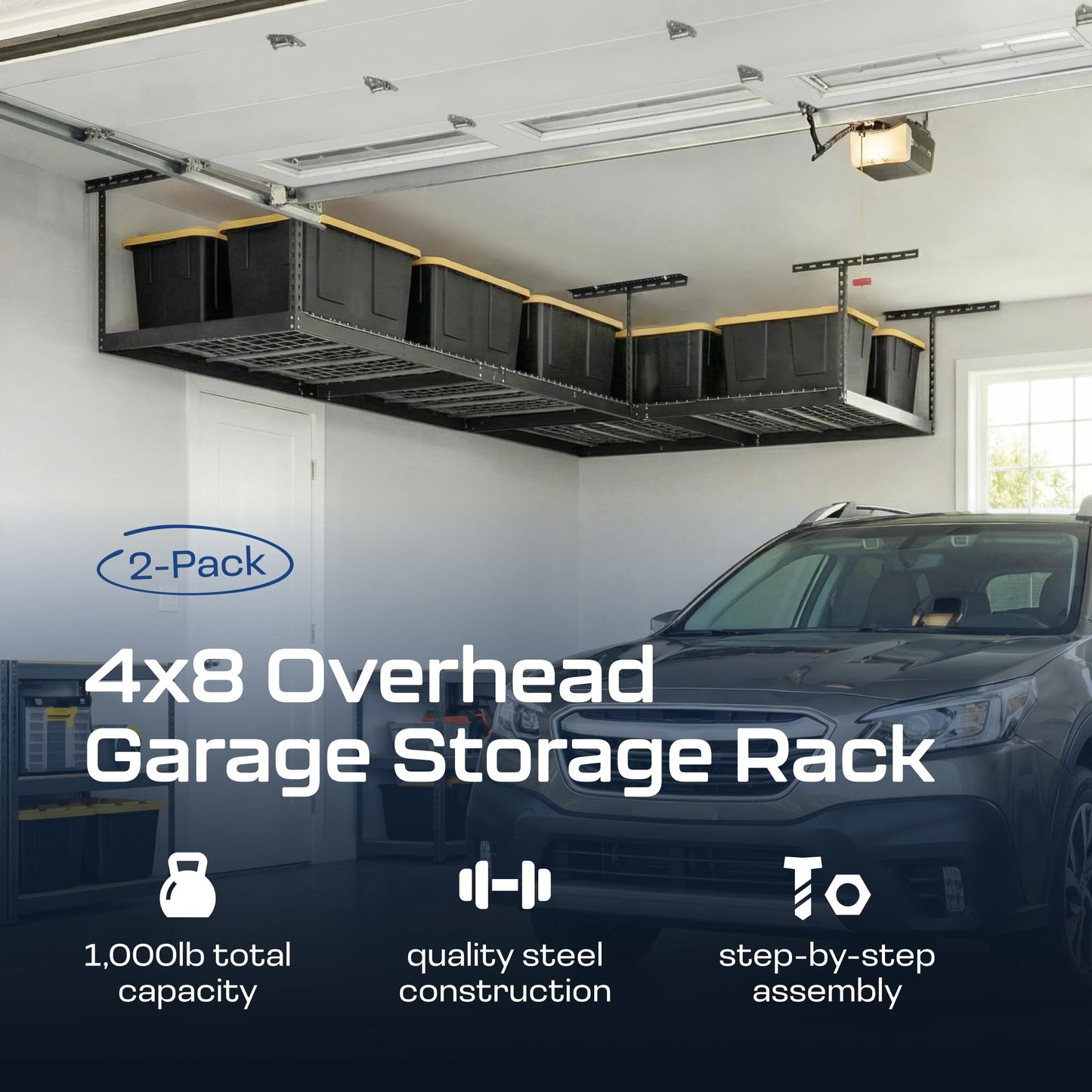 2-Pack 4 x 8 MonsterRax Overhead Garage Storage Rack, Ceiling Racks for Garage, Organization Shelving, Adjustable Hanging Shelf, Grey, 24"-45" Height Adjustment