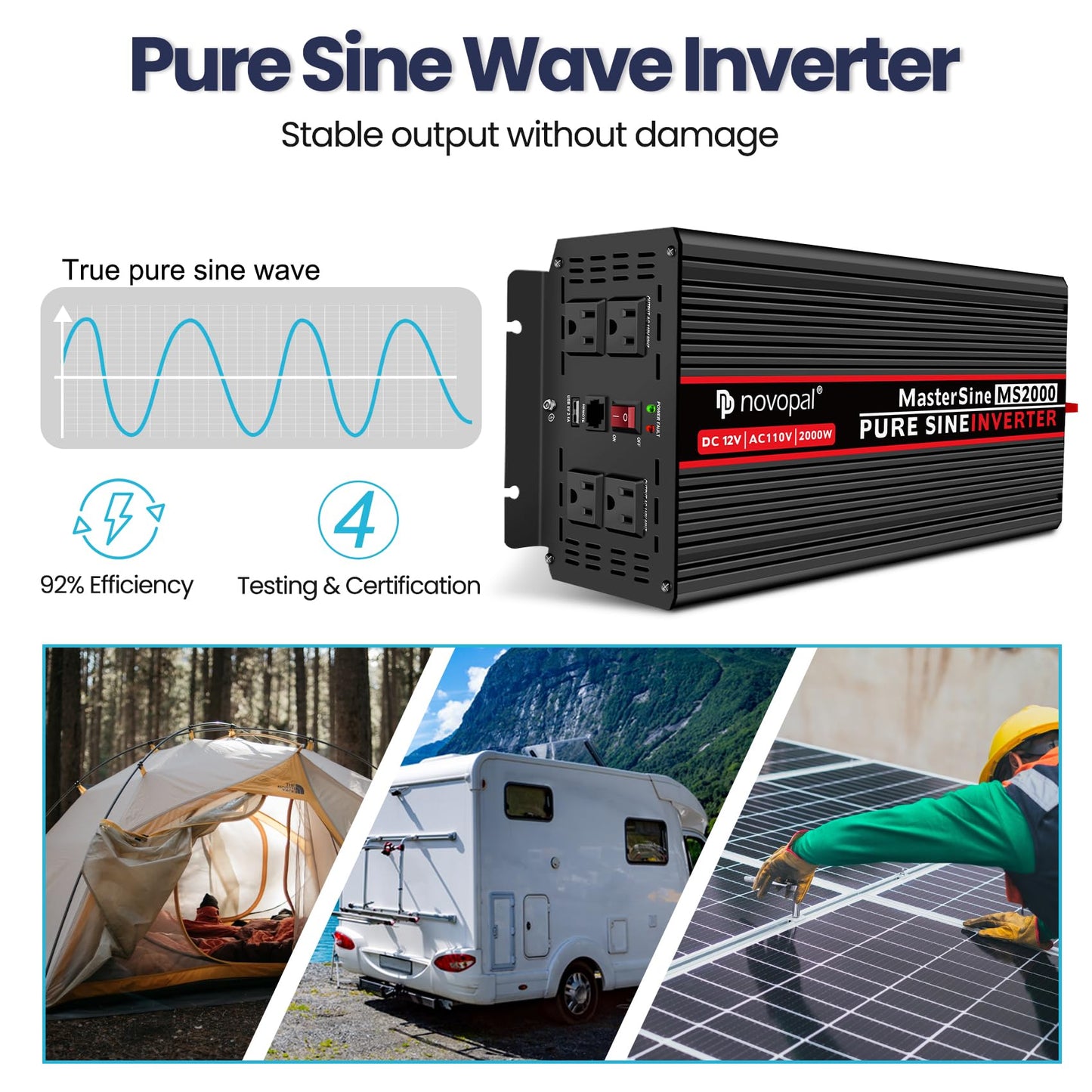 NOVOPAL 2000W Pure Sine Wave Power Inverter 2000 Watt 12V DC to 110V 120V AC,4 AC Outlets, 1 x USB Ports for Off-Grid Solar Car RV Truck Boat with 16FT Wired Remote