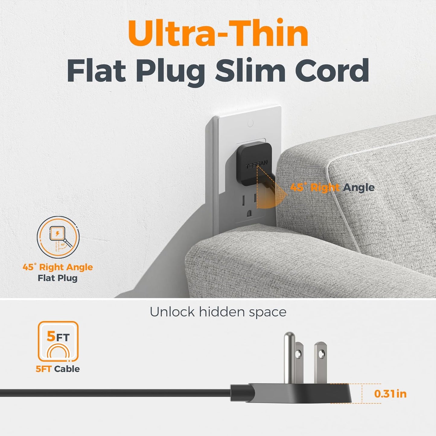 TESSAN 5 4 1 2 900 Flat Plug Extension Cord FT, Surge Protector Power Strip with AC Outlets USB C and USB A Ports