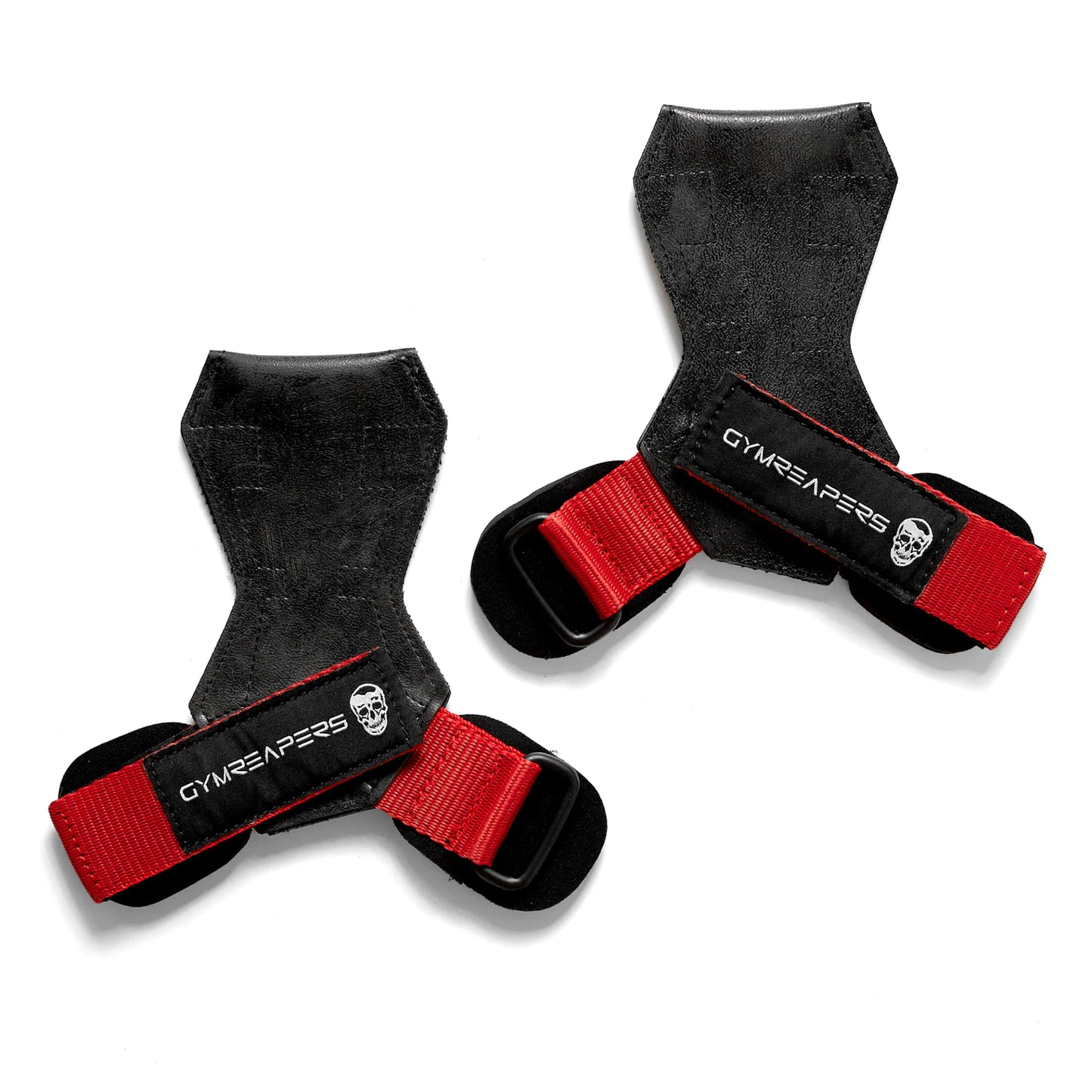 Gymreapers Weight Lifting Grips (Pair) for Heavy Powerlifting, Deadlifts, Rows, Pull Ups, with Neoprene Padded Wrist Wraps Support and Strong Rubber Gloves or Straps for Bodybuilding (Red, Large)