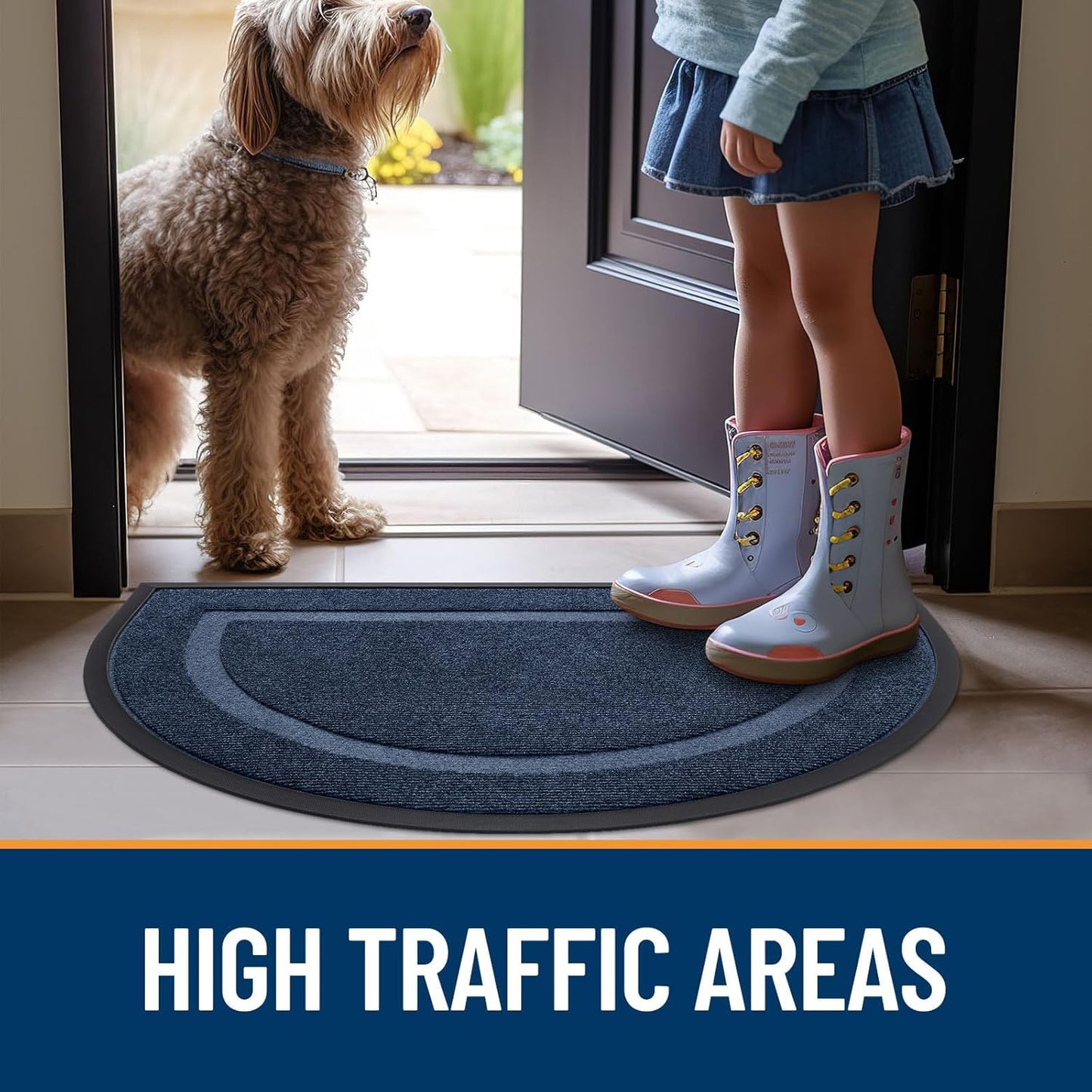 OLANLY Half Circle Door Mat - Waterproof All-Season Indoor/Outdoor Welcome Mat | Sturdy Natural Rubber, 59x35, Blue