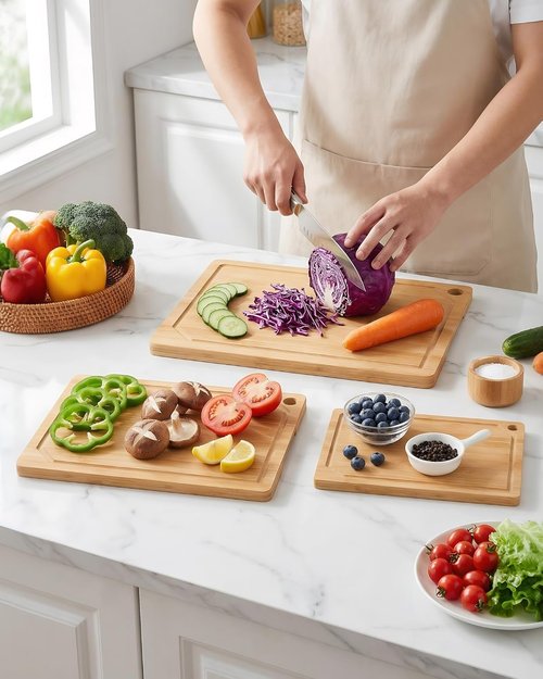 Kitchen Cutting Board Set - 3-Piece Wooden Boards with Juice Groove & Handles | Natural 0.4” Thick