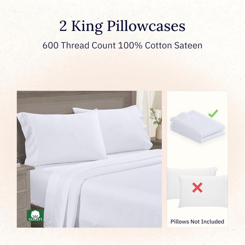 California Design Den King Size White Pillowcase Set - Luxuriously Soft 600 Thread Count, 100% Cotton, Set of 2