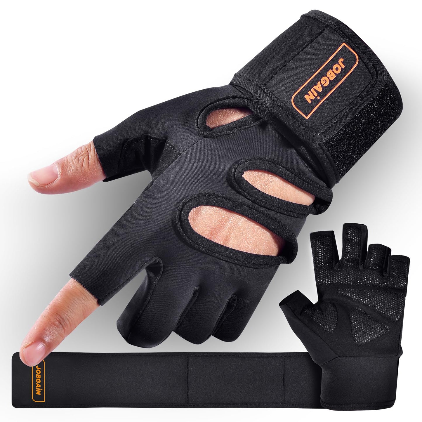 JOBGAIN Workout Gloves for Men and Women, Gym Weight Lifting Padded Gloves with Wrist Wrap Support, Full Palm Protection & Extra Grips, for Weightlifting, Exercise, Pull-Up, Black, Size M