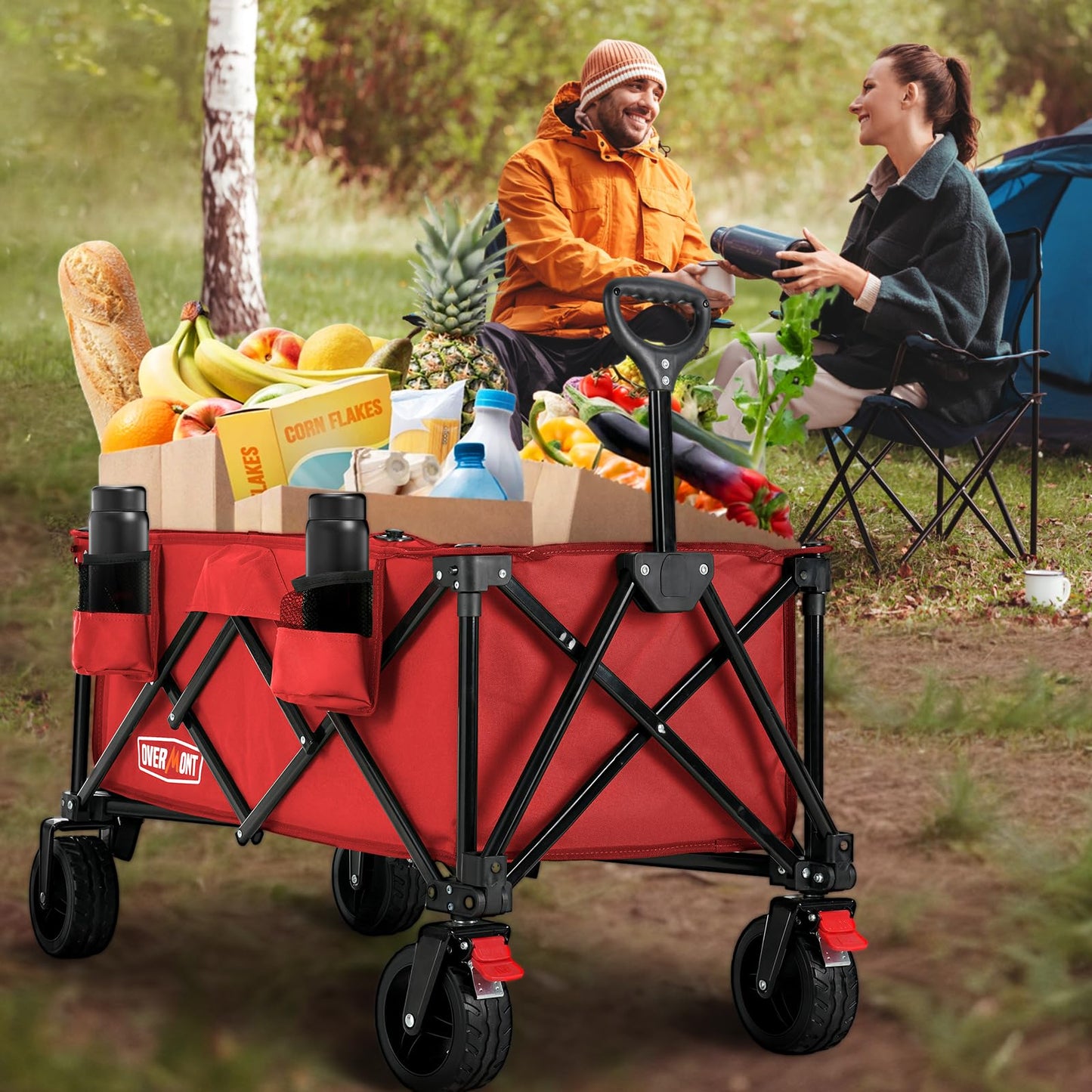 Overmont Collapsible Wagon Cart with Wheels - 180L Foldable Heavy Duty Wagon with Big All-Terrain Wheels - 360Lbs Weight Capacity with Side Pockets for Camping Sports Garden Grocery Shopping red