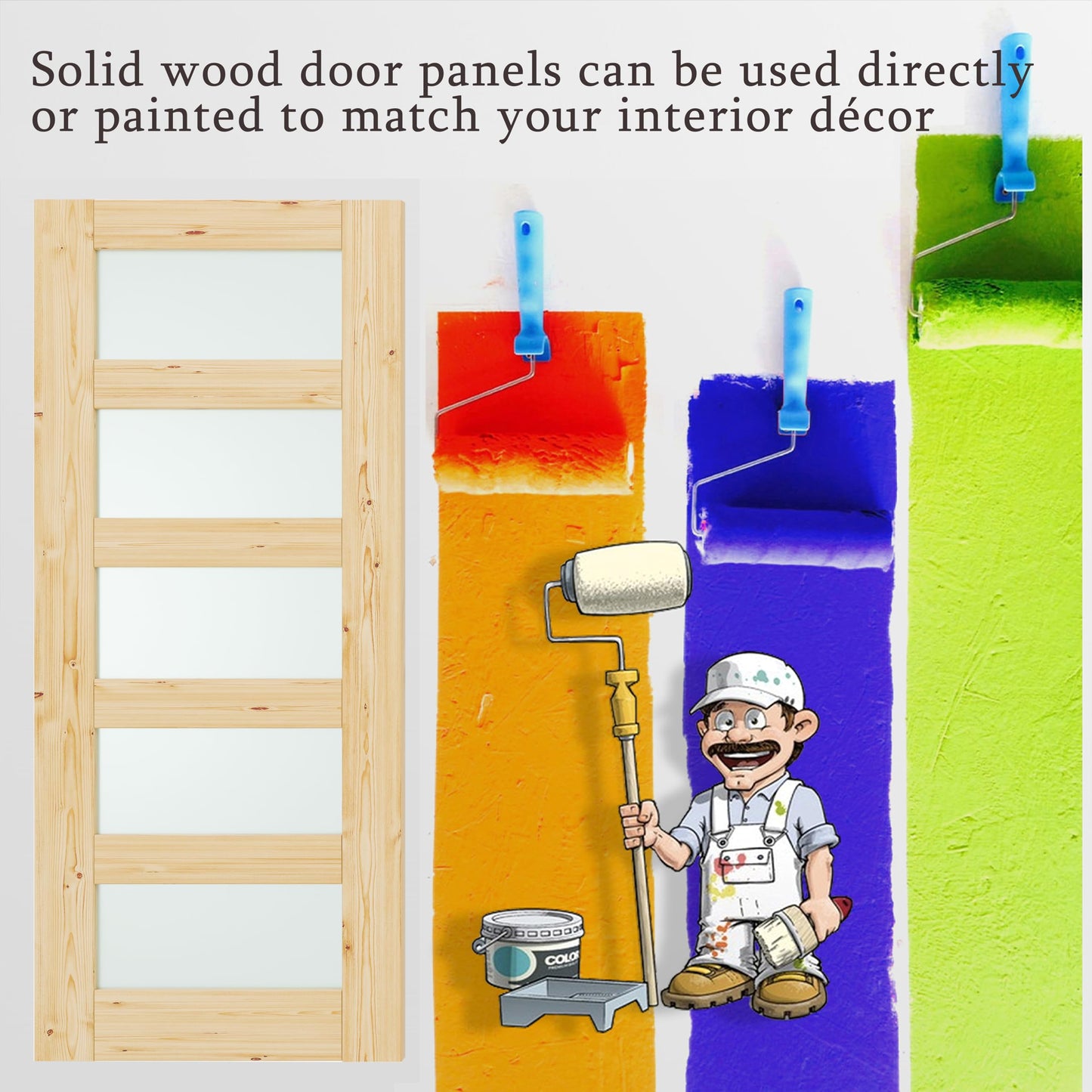 Lakenyon Prehung Door, Right-Handed, 30" x 80" Interior Door with Jamb Kit, 5-Panel Frosted Glass, Ready to Stain, Ideal for Bathroom, Pantry & Laundry Room, Pine Wood