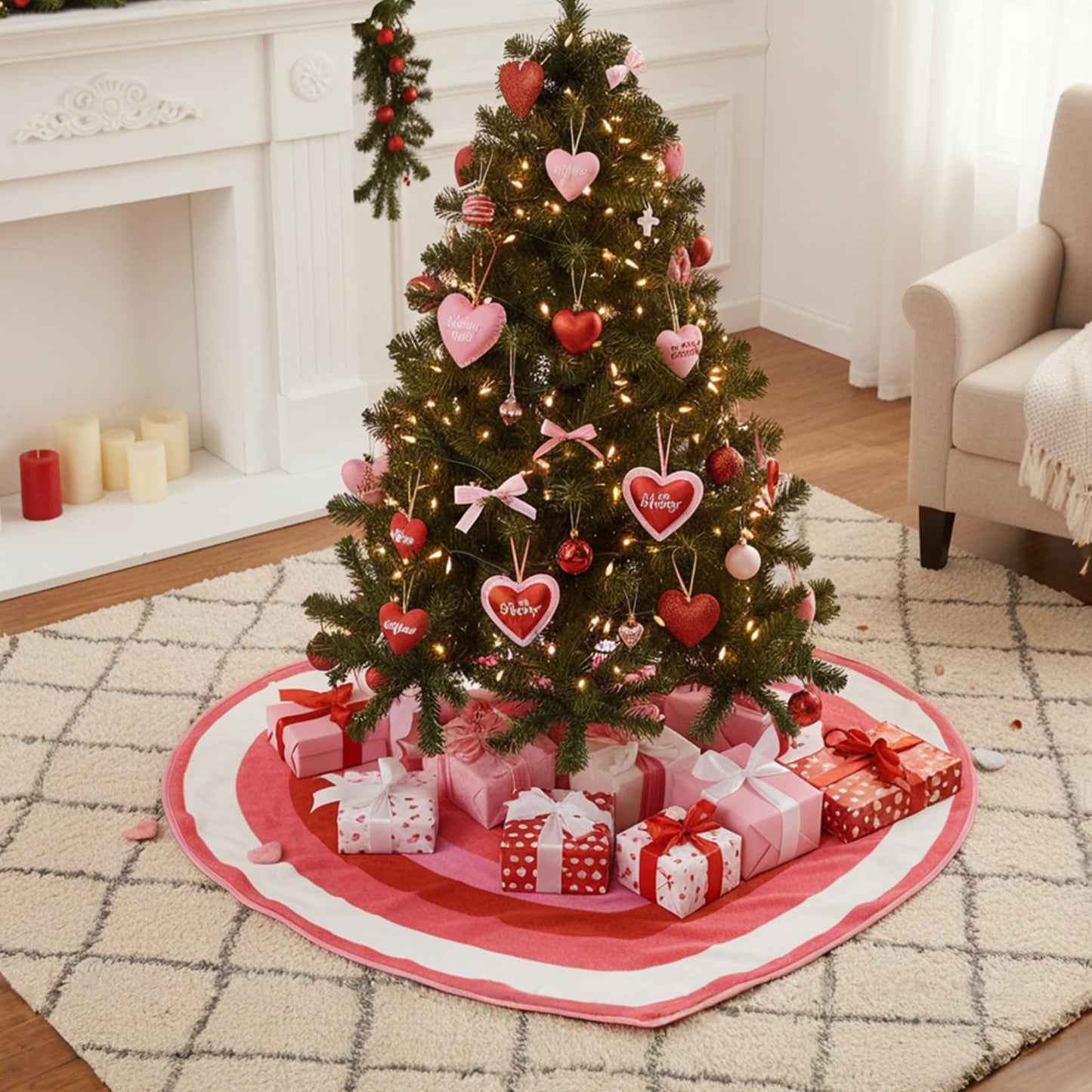 QIONG MENG Valentines Heart Tree Skirt Valentine‘s Day Tree Mat Decorations Valentine's Day 48 Inch Pink Decor for Home