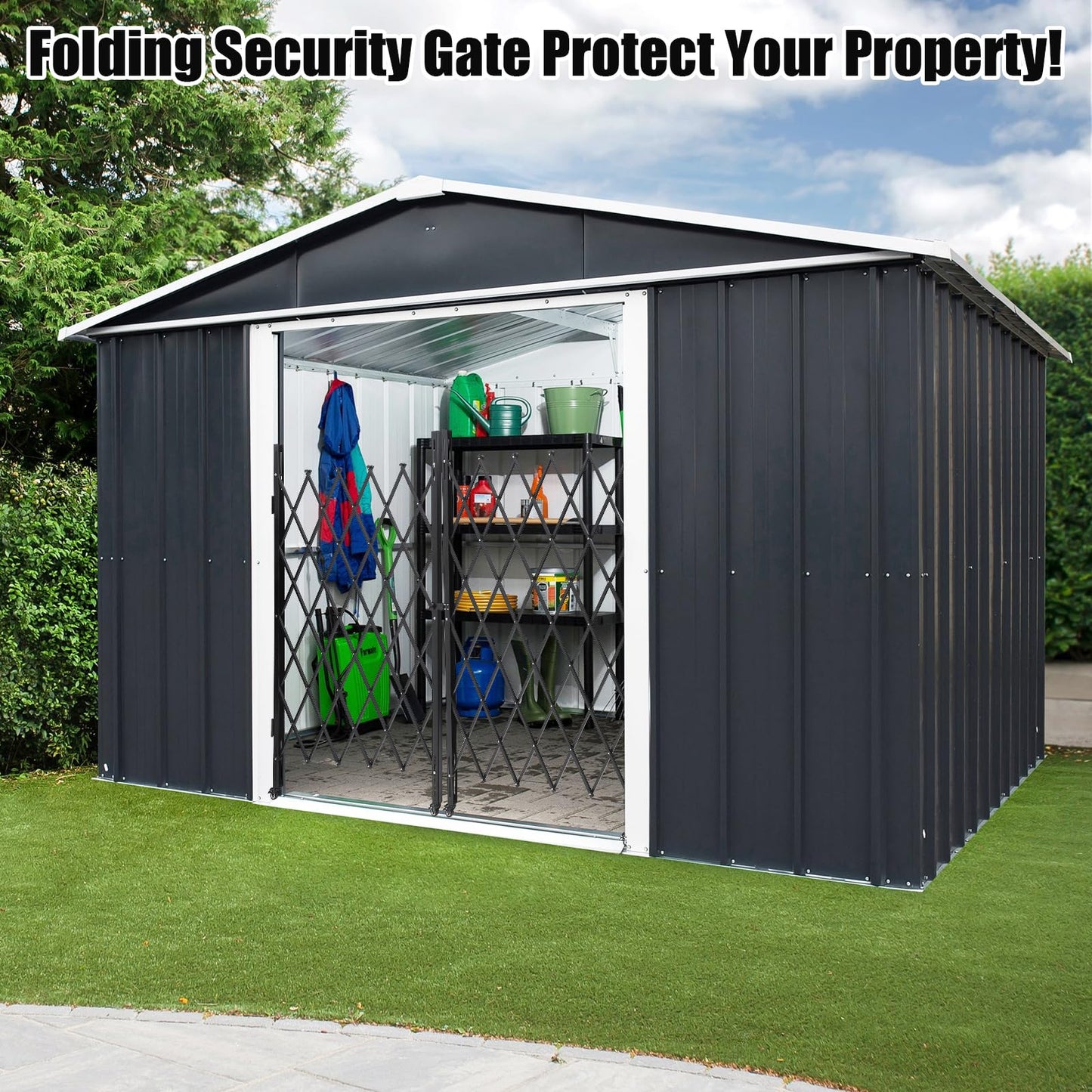 Double Folding Security Gate, 85" H x 150" W Folding Security Door Outdoor, Steel Accordion Security Gate, Flexible Expanding Security Gate, 360° Rolling Barricade Gate with Padlock