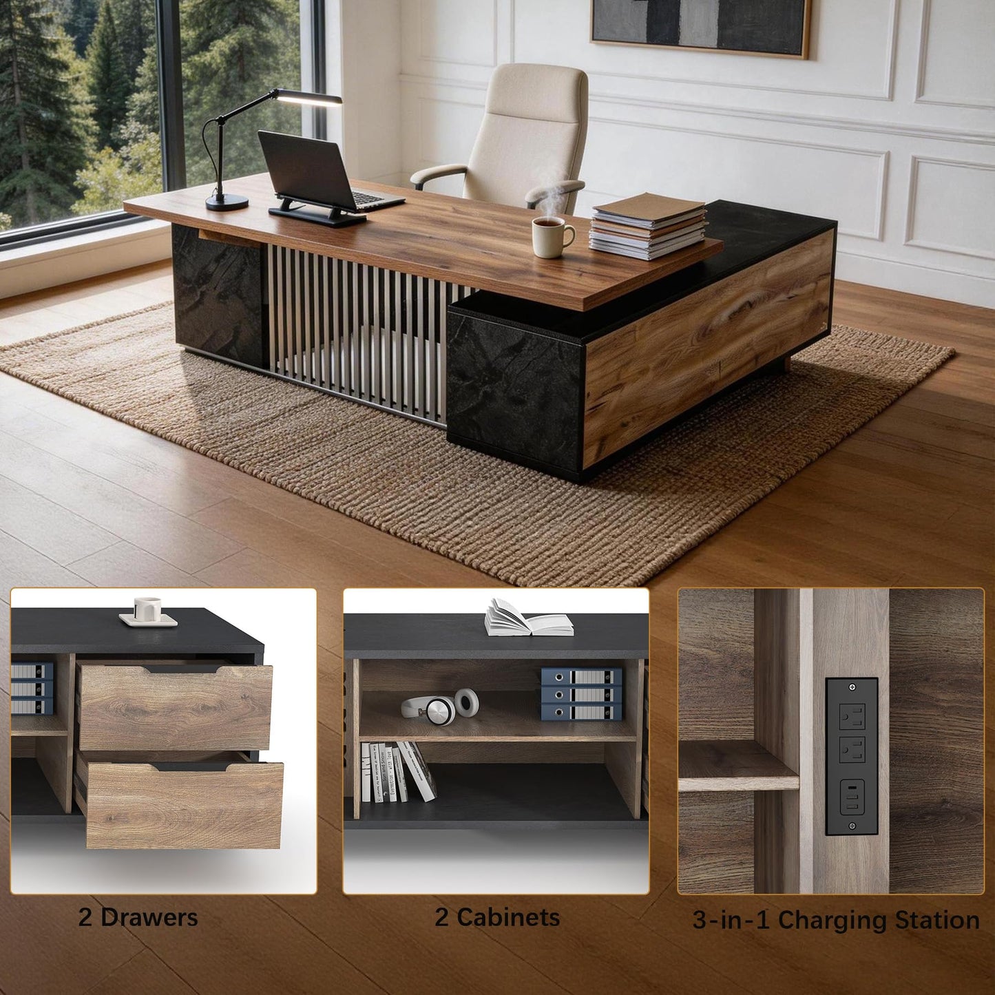70.86 Inch Large Executive Desk with Drawers Cabinet, L Shaped Office Desk, Computer Desk with Universal Charging Ports and Cable Management for Business Furniture Set Workstation for Home Office
