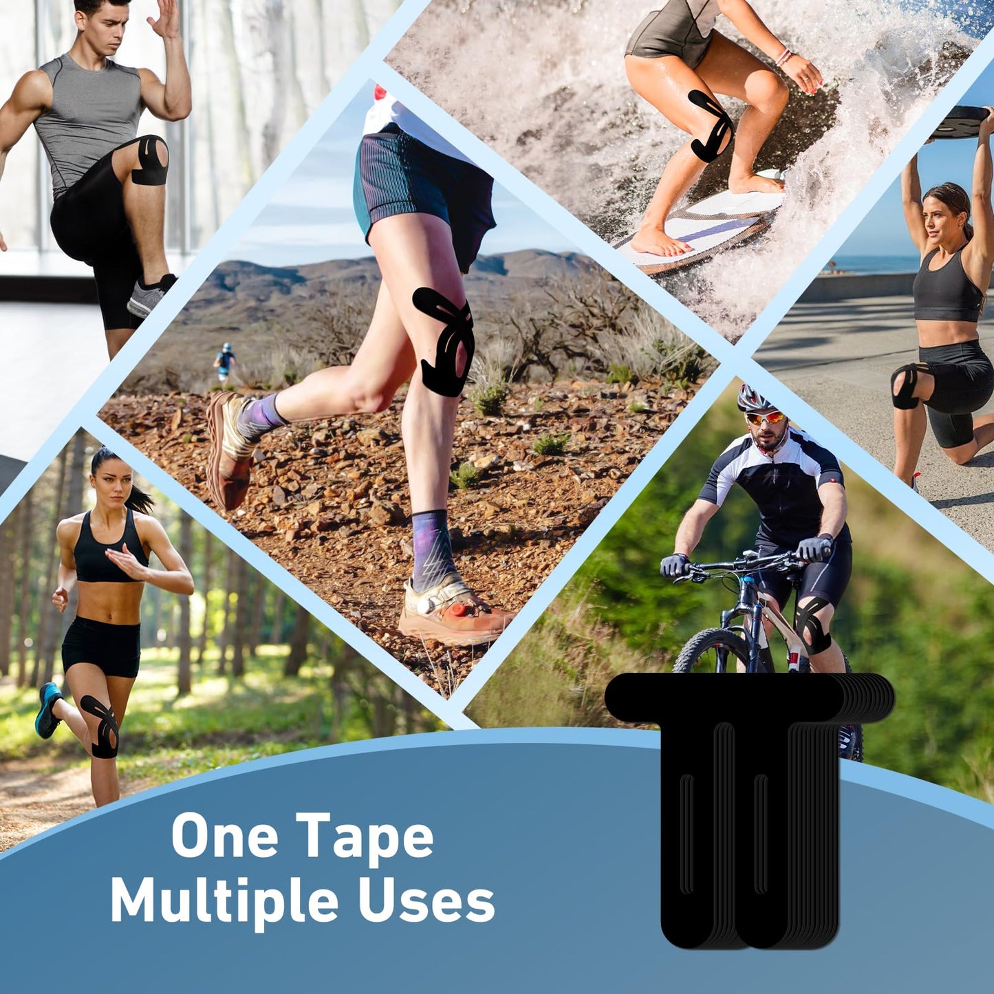 PreCut Kinesiology Tape for Knees, 24 PCS Waterproof KTQUICK Knee Tape for Knee Pain Relief Pre Cut, Original Cotton Athletic Knee Tape, Waterproof & Hypoallergenic Latex-Free for Sports (Black)